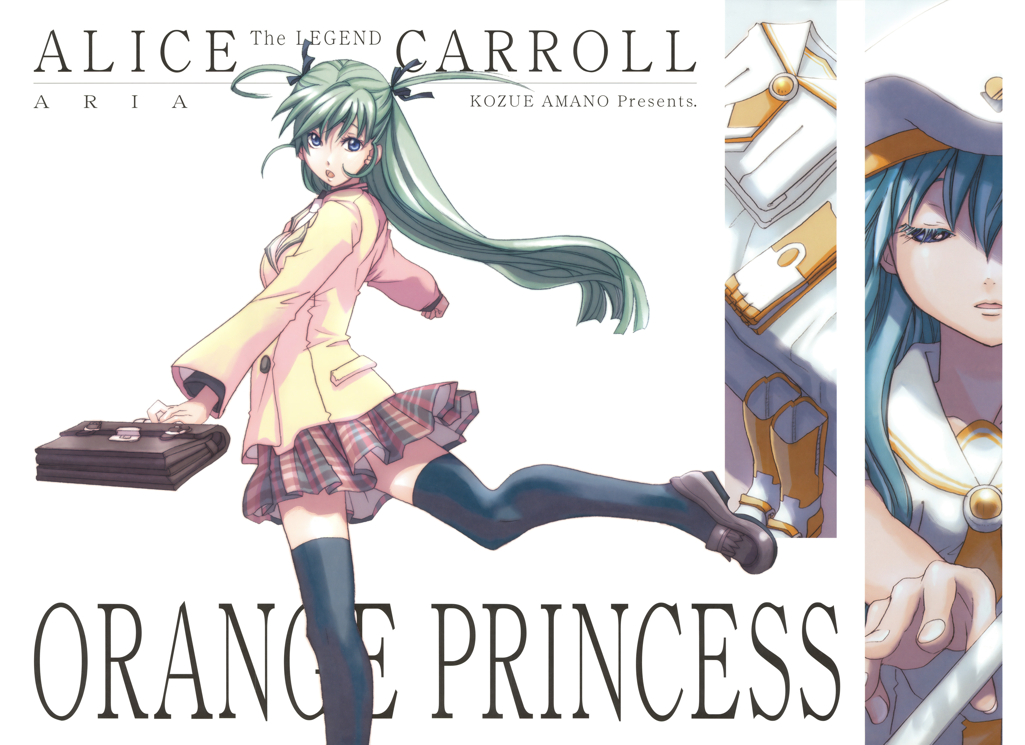 amano kozue, alice carroll, aria (manga), aria the origination, brown footwear, uniform, absurdres, highres, 00s, 1girl, :o, bed sheet, black ribbon, blue thighhighs, boots, breasts, briefcase, buttons, character name, fingernails, foreshortening, green hair, hair ribbon, half-closed eyes, hat, holding, jacket, knee boots, leg up, long hair, long sleeves, looking at viewer, medium breasts, necktie, open mouth, plaid clothes, plaid skirt, pleated skirt, ribbon, school briefcase, shoes, skirt, staff, standing, standing on one leg, thighhighs, two side up, unworn boots, white hat, white necktie, yellow jacket, zettai ryouiki