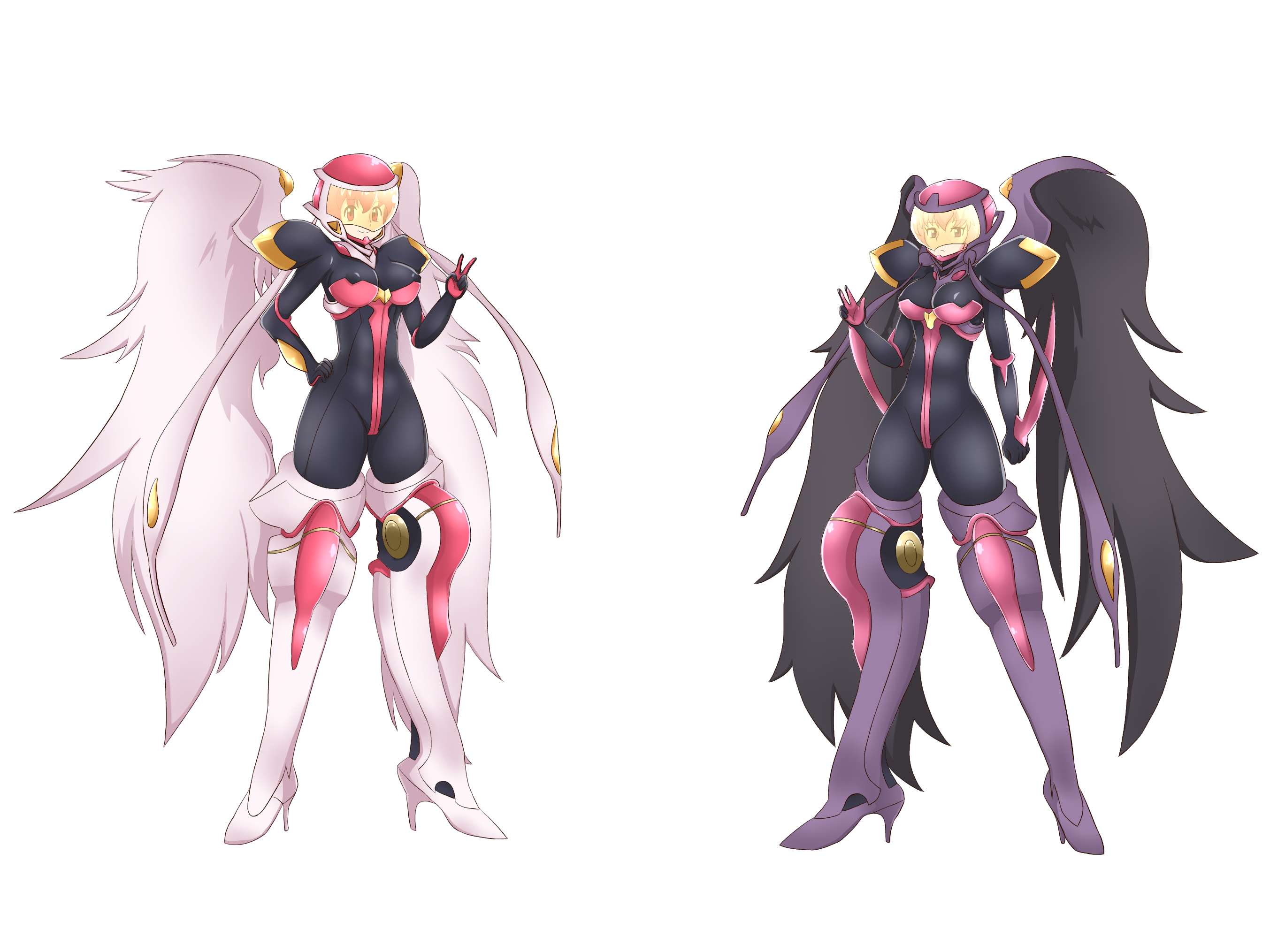 robert m, aphrodite (akihabara dennou gumi), hanakoganei hibari, ootorii tsubame, akihabara dennou gumi, highres, 2girls, armored bodysuit, assault visor, black bodysuit, bodysuit, breasts, erinys (akihabara dennou gumi), feathered wings, full body, helmet, high heels, impossible bodysuit, impossible clothes, large breasts, multiple girls, standing, visor (armor), wings