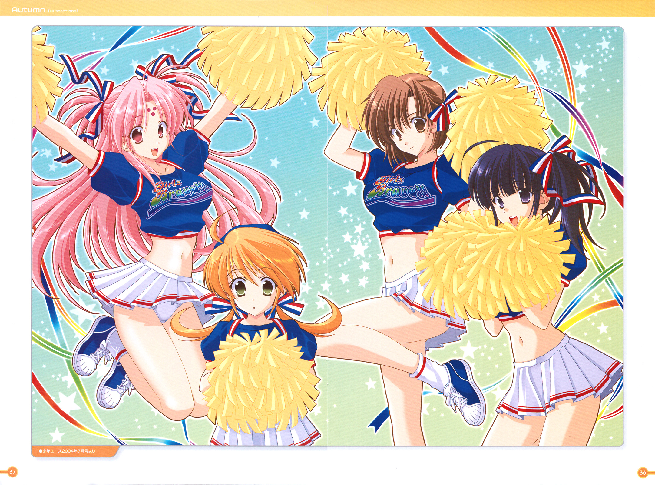 mario kaneda, kojima kirie, koyomi hare nanaka, miharu sena kanaka, tomoka lana jude, girls bravo, highres, 00s, 4girls, cheerleader, female focus, hair ribbon, midriff, miniskirt, multiple girls, pleated skirt, pom pom (cheerleading), ribbon, shoes, skirt, sneakers