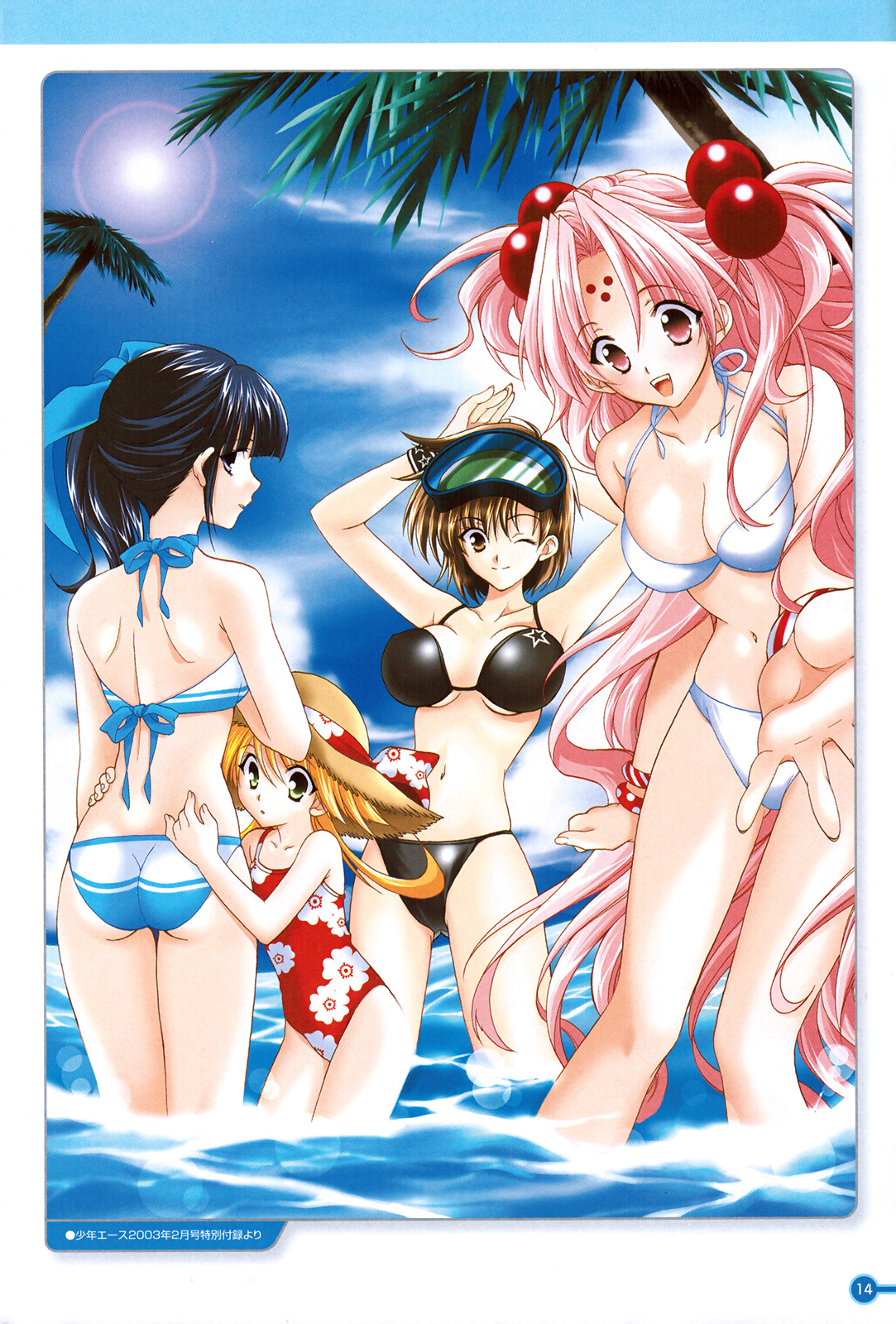 mario kaneda, kojima kirie, koyomi hare nanaka, miharu sena kanaka, tomoka lana jude, girls bravo, highres, 00s, 4girls, ass, beach, bikini, breasts, cleavage, day, floral print, hat, medium breasts, multiple girls, one-piece swimsuit, outdoors, straw hat, swimsuit