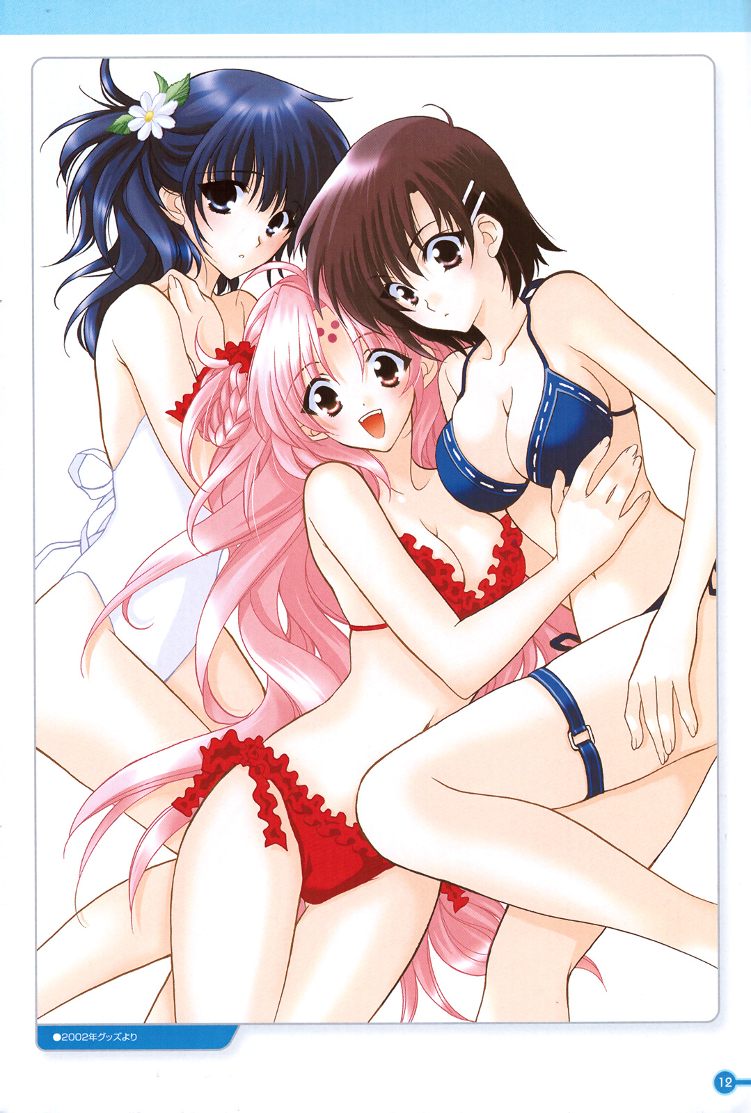 mario kaneda, kojima kirie, koyomi hare nanaka, miharu sena kanaka, girls bravo, highres, 00s, 2002, 3girls, bikini, blue eyes, blue hair, breasts, brown eyes, brown hair, cleavage, frilled bikini, frills, hug, large breasts, long hair, medium breasts, multiple girls, one-piece swimsuit, pink eyes, pink hair, short hair, swimsuit
