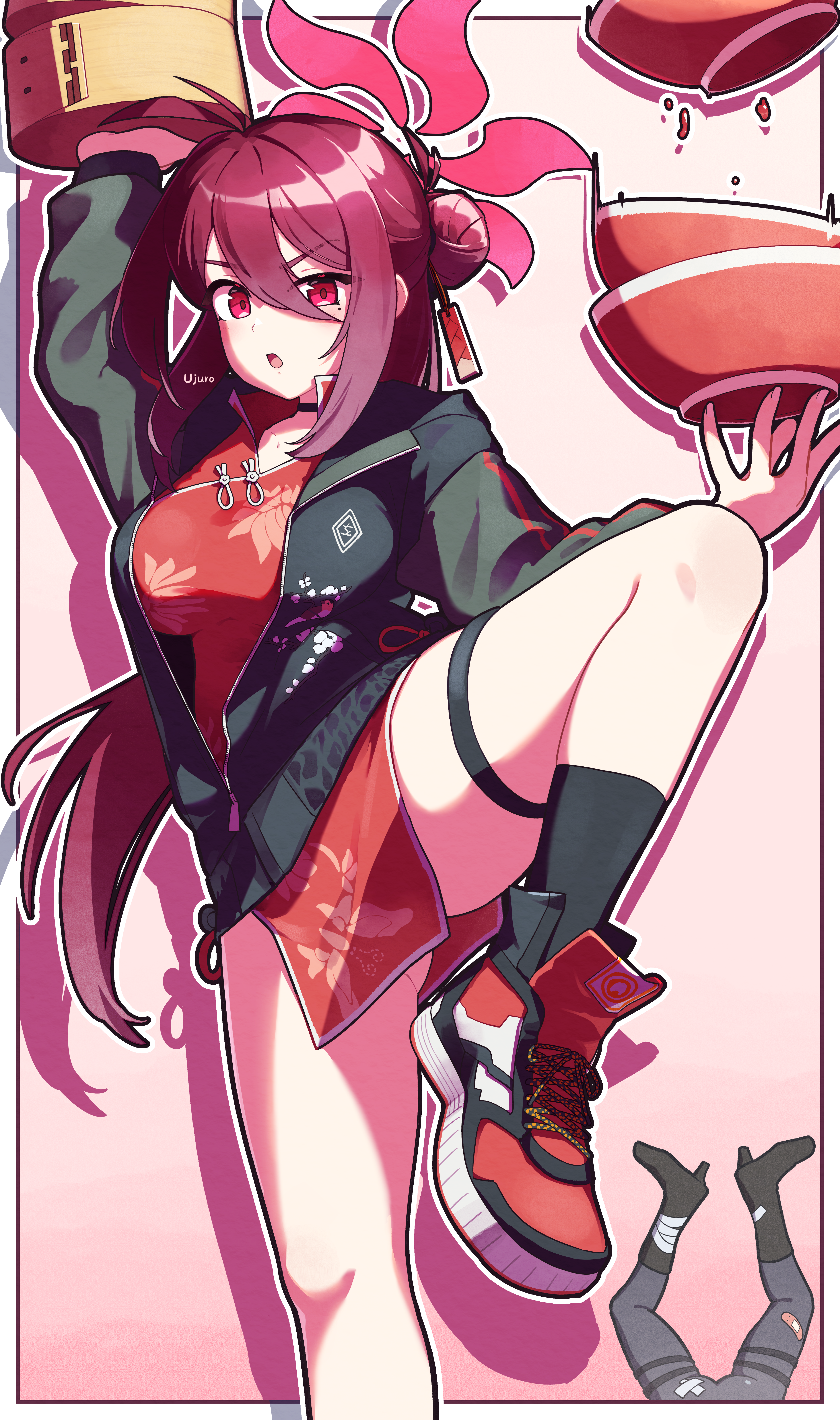 ujuro, mina (blue archive), reijo (blue archive), blue archive, absurdres, commentary request, highres, 2girls, antenna hair, bandaid, black boots, black choker, black jacket, black pants, boots, bowl, china dress, chinese clothes, choker, cowboy shot, dress, dual wielding, falling, floral print, gradient background, hair between eyes, hair bun, halo, high heel boots, high heels, holding, holding bamboo steamer, holding bowl, hood, hooded jacket, jacket, knee boots, kung fu, long hair, long sleeves, looking at viewer, mole, mole under eye, multiple girls, open clothes, open jacket, out of frame, pants, pelvic curtain, print jacket, red background, red eyes, red hair, red halo, red shoes, shoes, short dress, side slit, sidelocks, simple background, single side bun, sneakers, solo focus, standing, standing on one leg, thigh strap