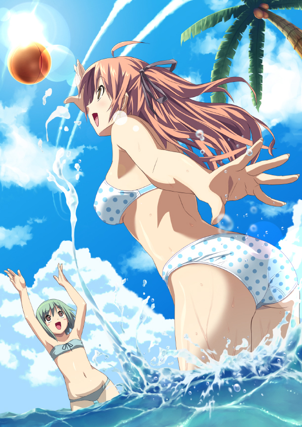 koutaro, original, non-web source, 2girls, ball, beach, beachball, bikini, cloud, day, multiple girls, outdoors, palm tree, polka dot, polka dot bikini, polka dot swimsuit, sky, sun, swimsuit, tree, water