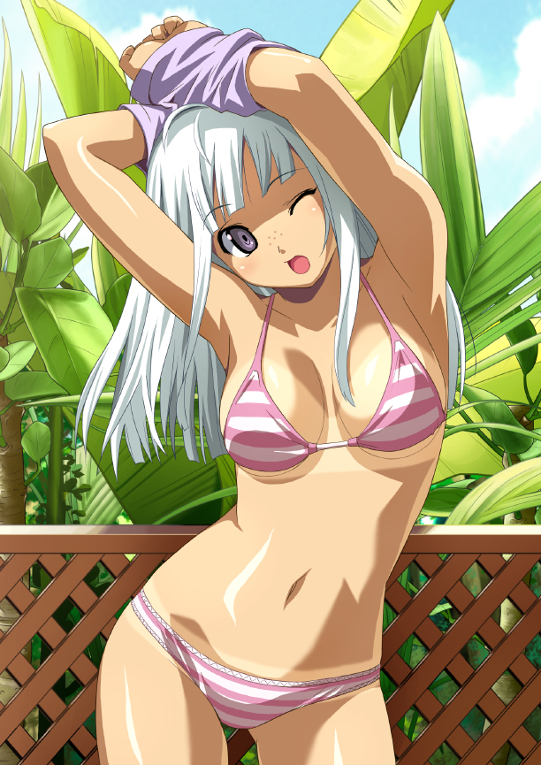 koutaro, original, silver hair, non-web source, 1girl, armpits, bikini, bikini tan, day, female focus, freckles, long hair, navel, one eye closed, open mouth, pink bikini, solo, striped bikini, striped clothes, swimsuit, tan, tanline, undressing, wink