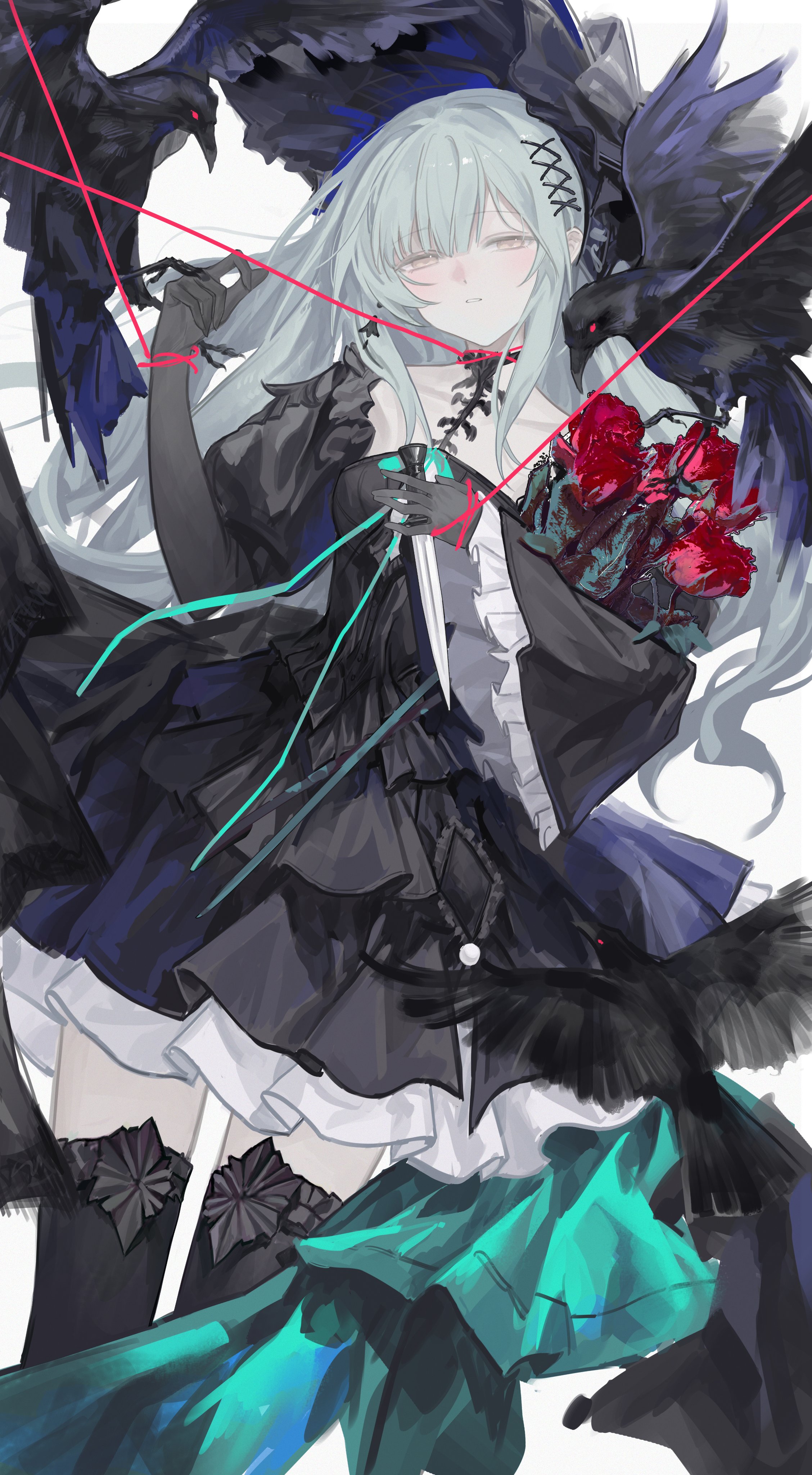 yaoyao (yoyo27456335489), wakaba mutsumi, arknights, bang dream!, bang dream! it's mygo!!!!!, absurdres, highres, 1girl, animal, aqua ribbon, bird, black dress, black gloves, bouquet, crow, dress, elbow gloves, flower, frills, gloves, grey hair, head out of frame, holding, holding bouquet, holding knife, juliet sleeves, knife, long hair, long sleeves, official alternate costume, puffy sleeves, ribbon, simple background, solo, string, thighhighs, wakaba mutsumi (marionette's id), white background, wide sleeves