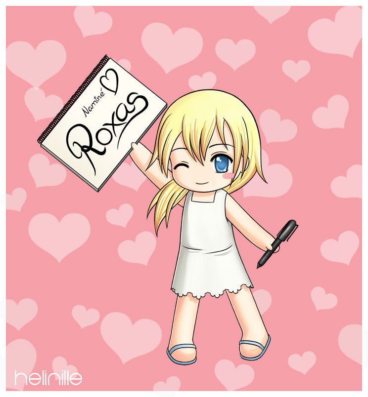 namine, kingdom hearts, 1girl, ;), blonde hair, blue eyes, blue sandals, chibi, dress, female focus, heart, holding, holding sign, looking at viewer, one eye closed, pen, pink background, sandals, short hair, sign, simple background, sleeveless, sleeveless dress, smile, solo, sundress, text focus, white dress, wink