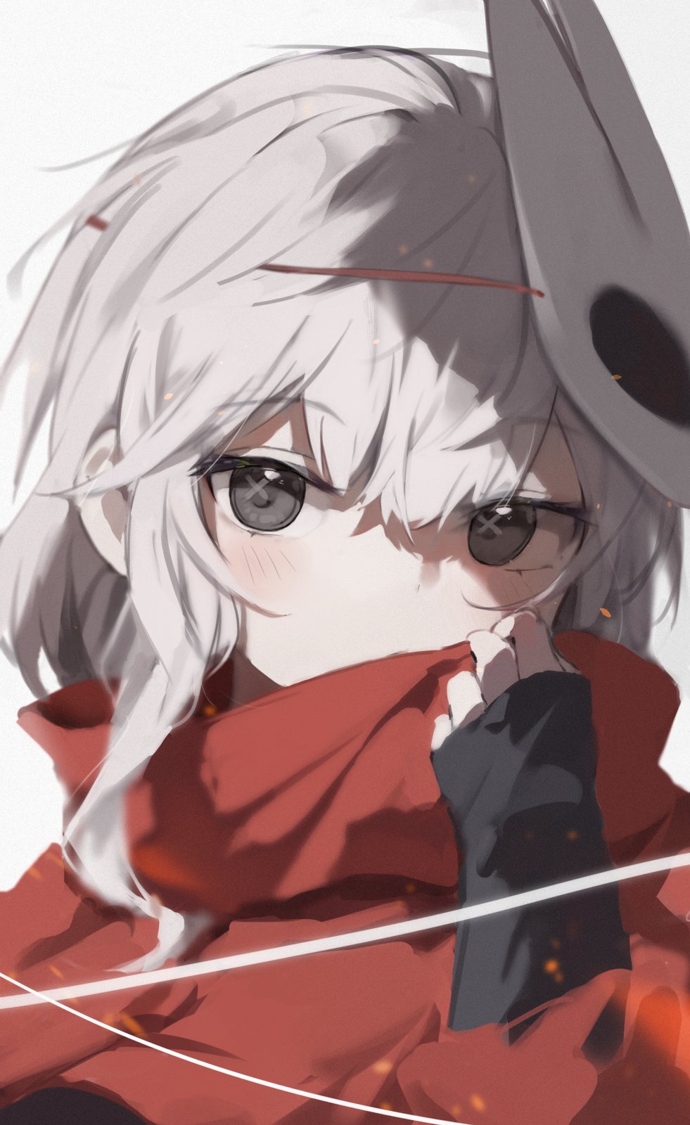 orobou, hornet (hollow knight), hollow knight, hollow knight: silksong, commentary, hashtag-only commentary, highres, 1girl, black eyes, black gloves, blush, covered mouth, gloves, hair between eyes, hand up, looking at viewer, mask, mask on head, portrait, red scarf, scarf, sidelocks, simple background, solo, symbol-shaped pupils, white background, white hair