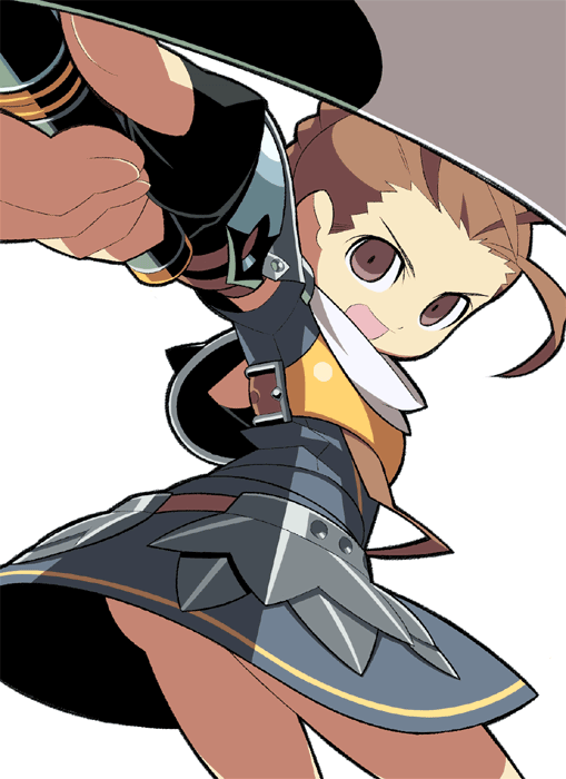 itsumo nokoru, swordsman (sekaiju), swordsman 4 (sekaiju), etrian odyssey, sekaiju no meikyuu, sekaiju no meikyuu 1, archived source, 1girl, anime coloring, arm armor, armor, belt, belt buckle, black gloves, black outline, breastplate, brown belt, brown hair, buckle, bun with braided base, cowboy shot, faulds, fingerless gloves, fingernails, forehead, foreshortening, gloves, grey skirt, grey sleeves, hair between eyes, miniskirt, open mouth, outline, short sleeves, silver armor, simple background, skirt, solo, thick outlines, twisted torso, vambraces, white background