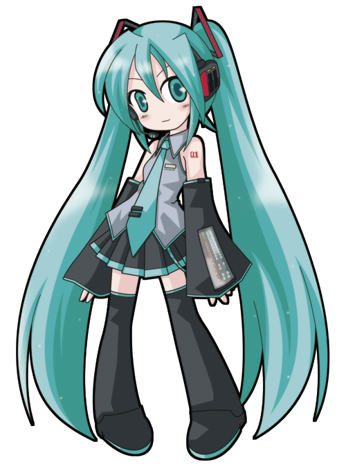 sanari (quarter iceshop), hatsune miku, vocaloid, 1girl, absurdly long hair, aqua hair, aqua necktie, chibi, detached sleeves, female focus, long hair, necktie, simple background, solo, thighhighs, twintails, very long hair, white background