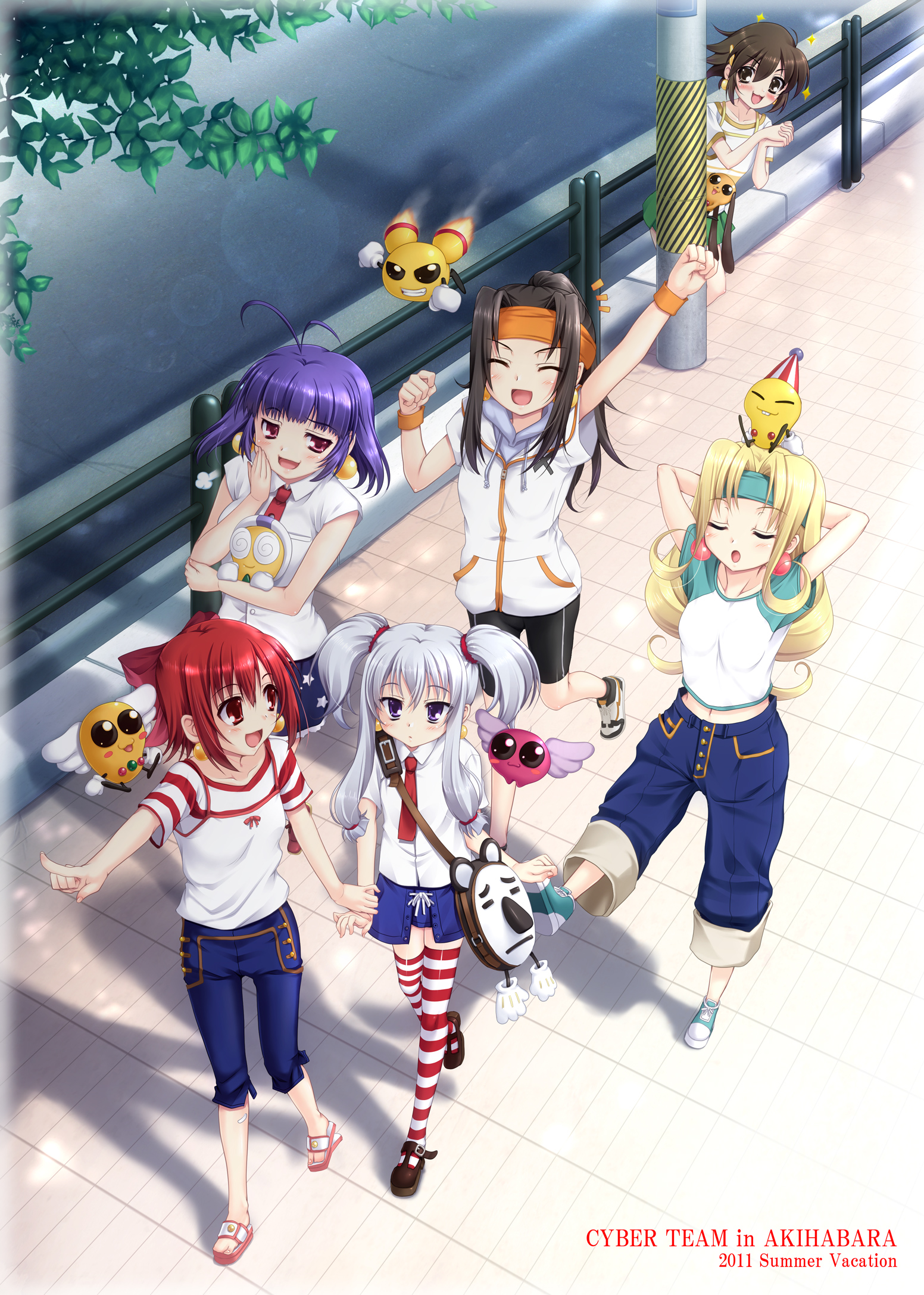 miyai sen, densuke (akihabara dennou gumi), francesca (akihabara dennou gumi), hanakoganei hibari, higashijuujou tsugumi, kitaurawa uzura, ootorii tsubame, petit ange, sakurajosui suzume, sengakuji kamome, tetsurou (akihabara dennou gumi), akihabara dennou gumi, highres, 6+girls, antenna hair, bike shorts, biriken (akihabara dennou gumi), black hair, blonde hair, bottle glasses, bow, brown hair, closed eyes, day, earrings, enoken (akihabara dennou gumi), green headband, hair bow, hat, headband, holding hands, jewelry, long hair, low-tied sidelocks, multiple girls, open mouth, orange headband, outdoors, patapi (creature), pink bow, purple eyes, purple hair, raglan sleeves, red eyes, red hair, short hair, sidelocks, sphere earrings, striped clothes, striped thighhighs, thighhighs, tree, twintails