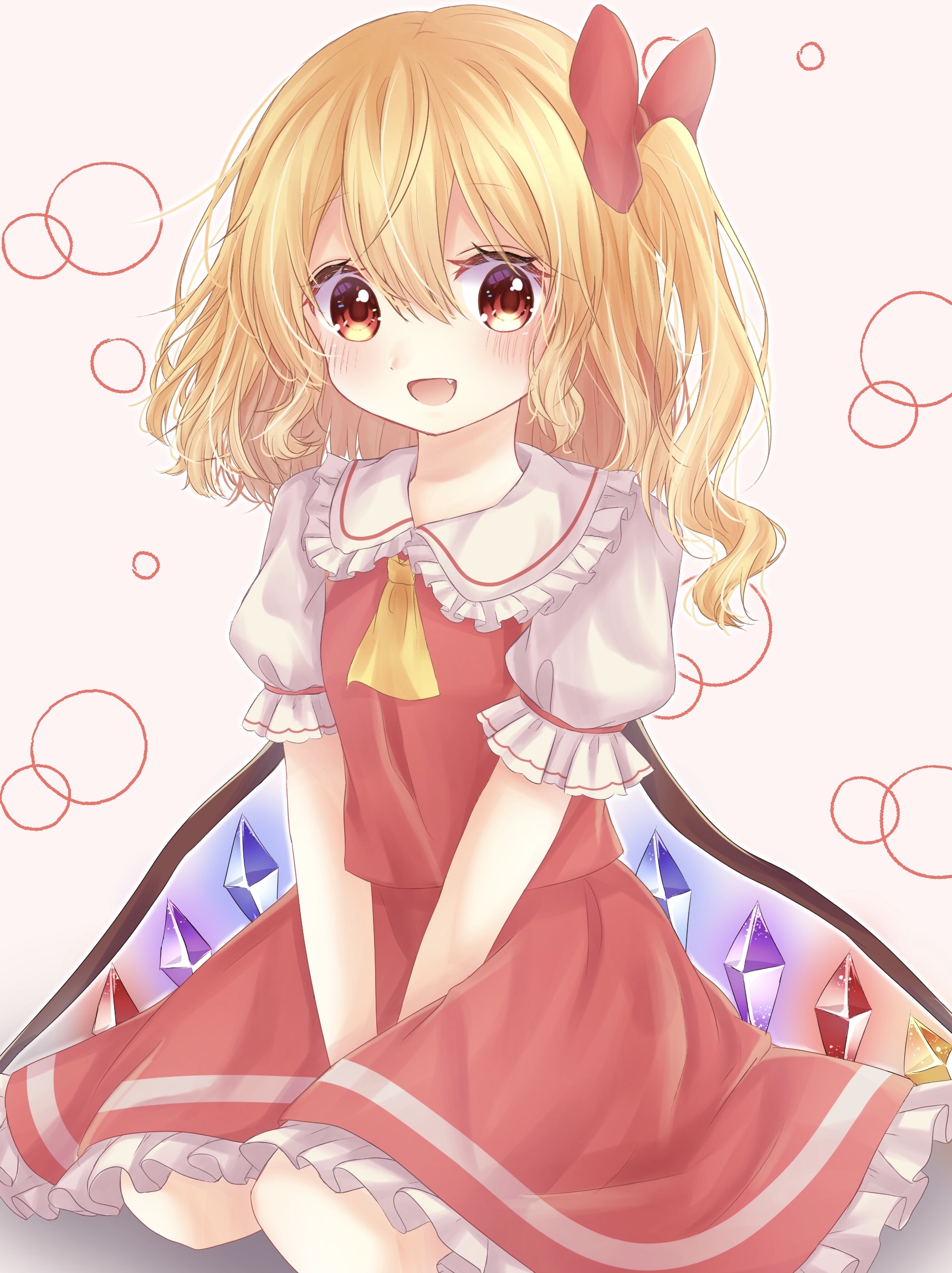 mimi89819132, flandre scarlet, touhou, highres, 1girl, :d, blonde hair, blush, double-parted bangs, fang, hair between eyes, happy, long hair, no headwear, one side up, open mouth, red eyes, smile, solo, v arms