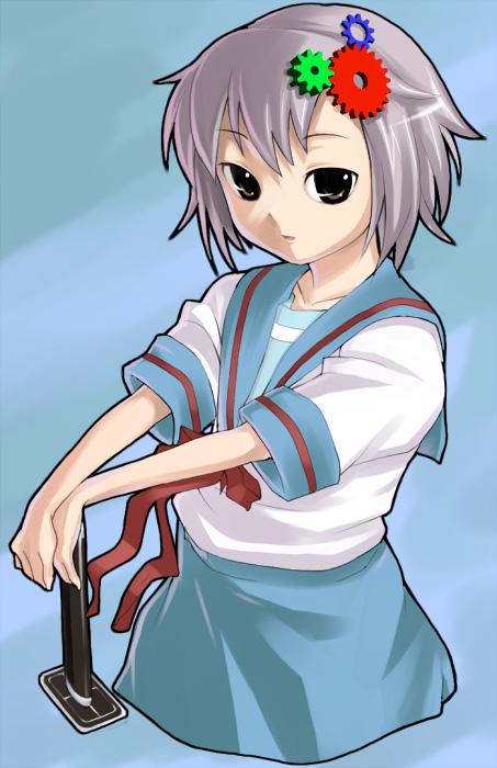 imaichi, nagato yuki, suzumiya haruhi no yuuutsu, 00s, 1girl, blue background, blue skirt, female focus, gears, hair ornament, looking at viewer, purple hair, red ribbon, ribbon, school uniform, serafuku, short hair, short sleeves, skirt, solo, sword, weapon