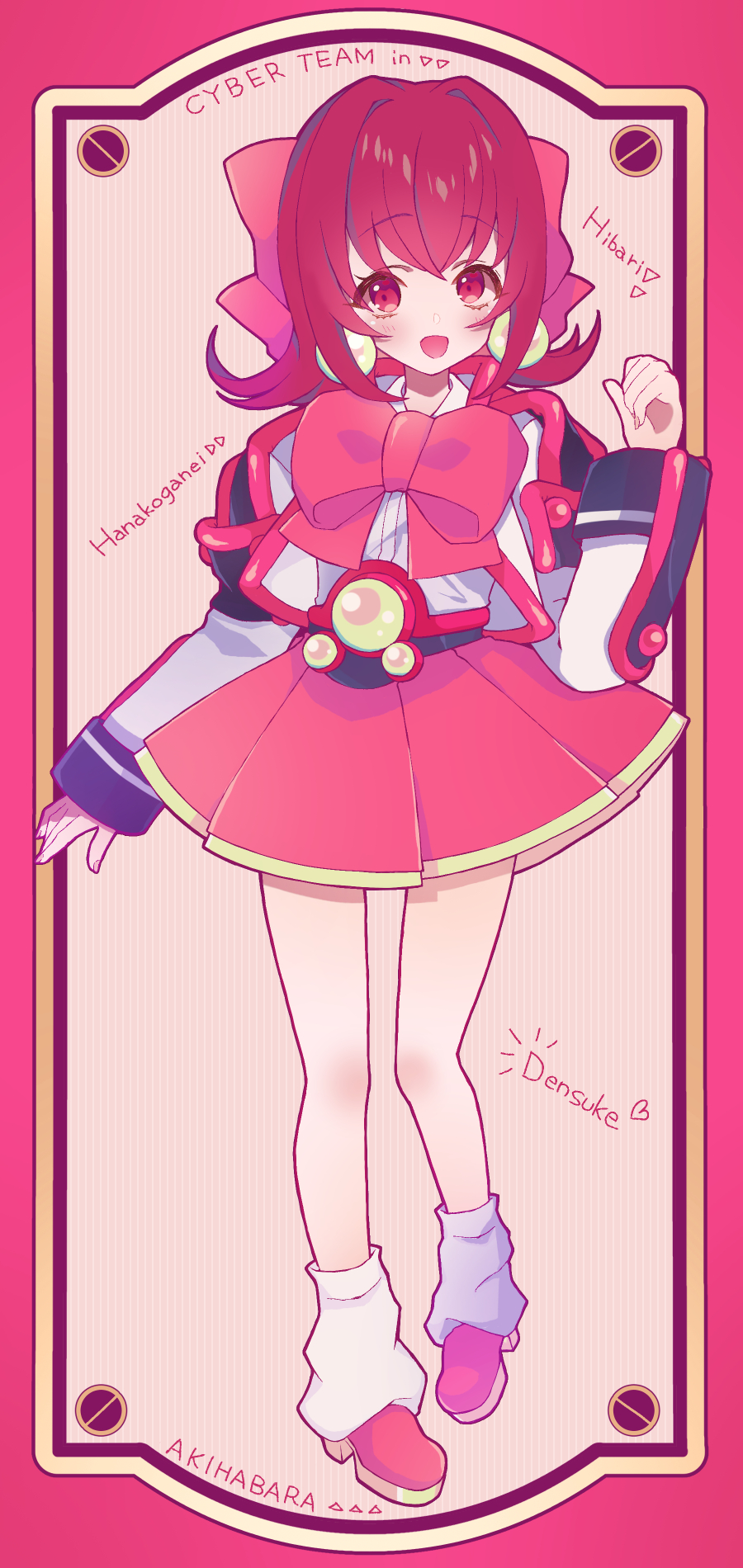hanakoganei hibari, akihabara dennou gumi, highres, 1girl, belt, bow, earrings, glucose90p, hair bow, jewelry, open mouth, pink bow, pleated skirt, red eyes, red hair, school uniform, short hair, skirt, smile, solo, sphere earrings