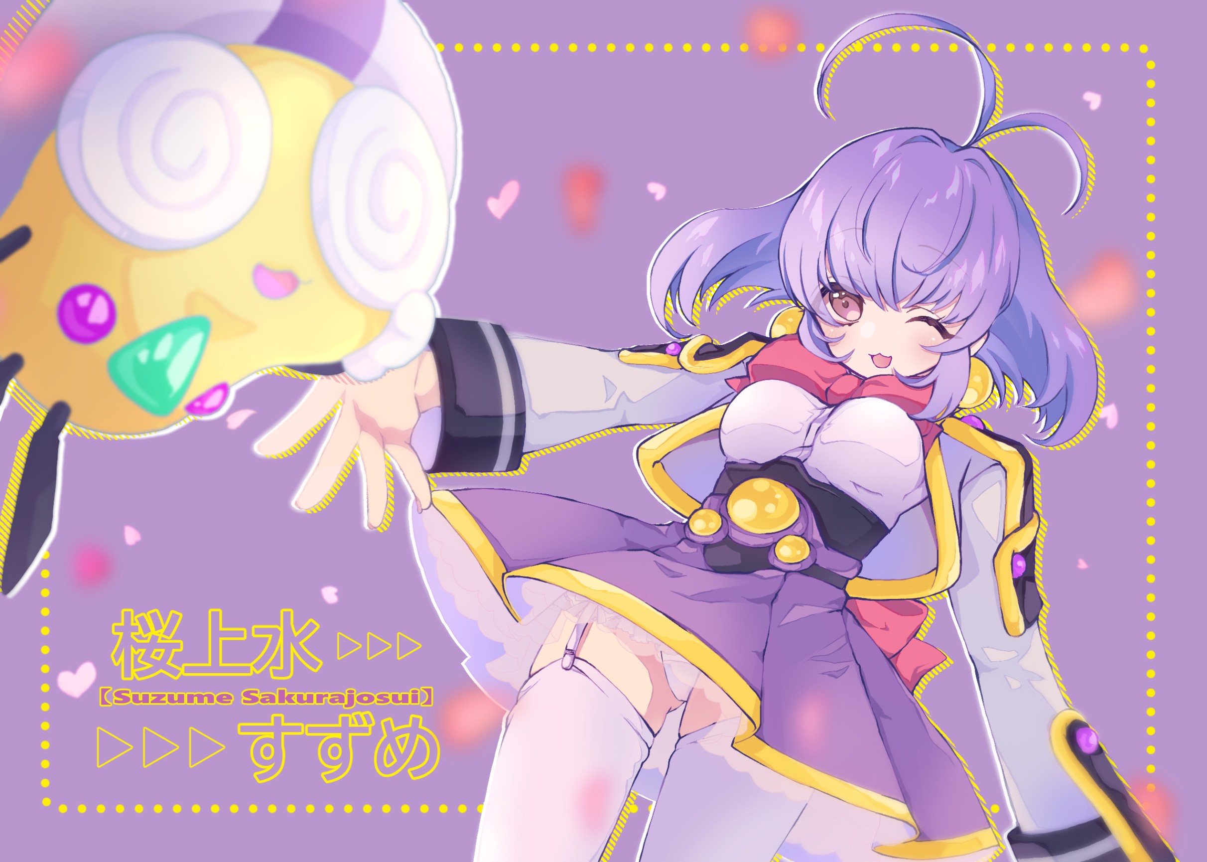 francesca (akihabara dennou gumi), sakurajosui suzume, akihabara dennou gumi, highres, 1girl, antenna hair, bow, breasts, coke-bottle glasses, earrings, glasses, glucose90p, hat, jewelry, one eye closed, panties, patapi (creature), pleated skirt, purple eyes, purple hair, school uniform, short hair, skirt, sphere earrings, thighhighs, underwear, white thighhighs