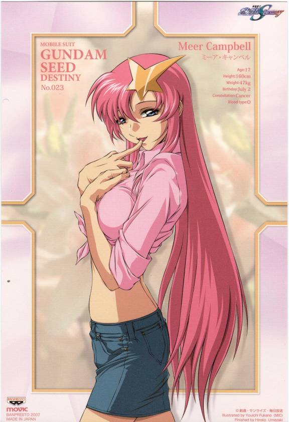 fukano youichi, meer campbell, banpresto, gundam, gundam seed, gundam seed destiny, official art, 00s, 1girl, blue eyes, english text, female focus, hair ornament, japanese text, long hair, midriff, pink hair, shorts, solo, star (symbol), star hair ornament