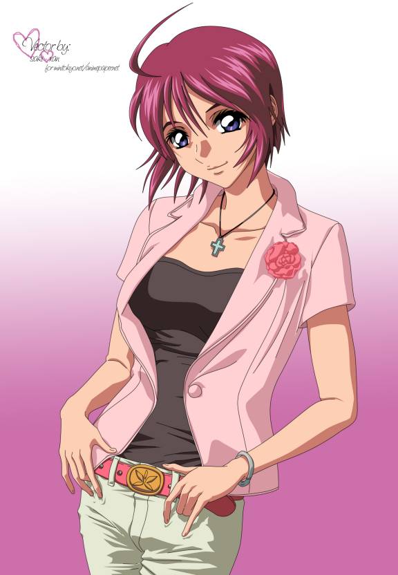 fukano youichi, lunamaria hawke, gundam, gundam seed, gundam seed destiny, derivative work, official art, vector trace, 00s, 1girl, ahoge, female focus, purple eyes, red hair, short hair, solo