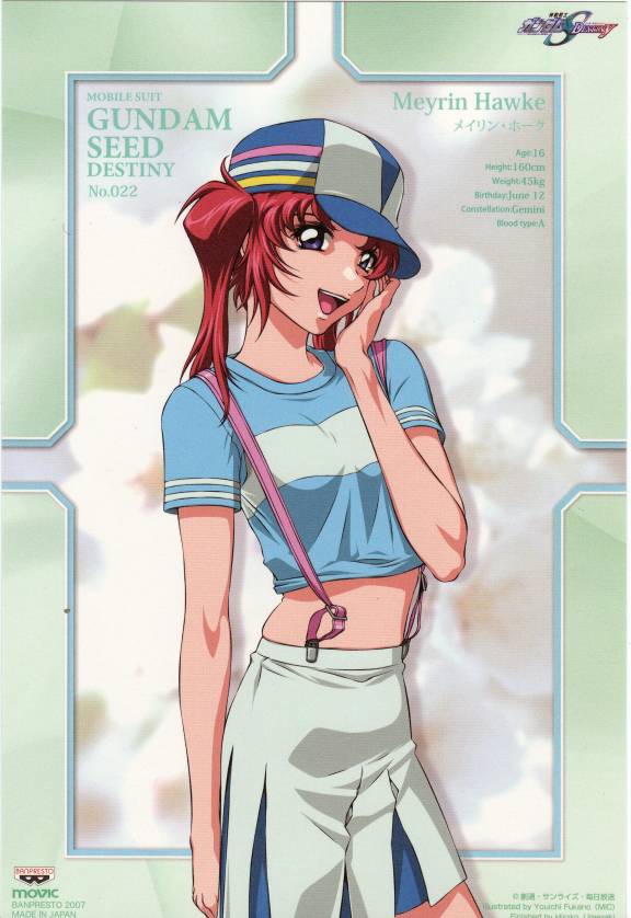 fukano youichi, meyrin hawke, banpresto, gundam, gundam seed, gundam seed destiny, official art, 00s, 1girl, :d, baseball cap, blush, brown eyes, contrapposto, cowboy shot, english text, female focus, hat, japanese text, long hair, looking at viewer, open mouth, red hair, shirt, short sleeves, smile, solo, standing, t-shirt
