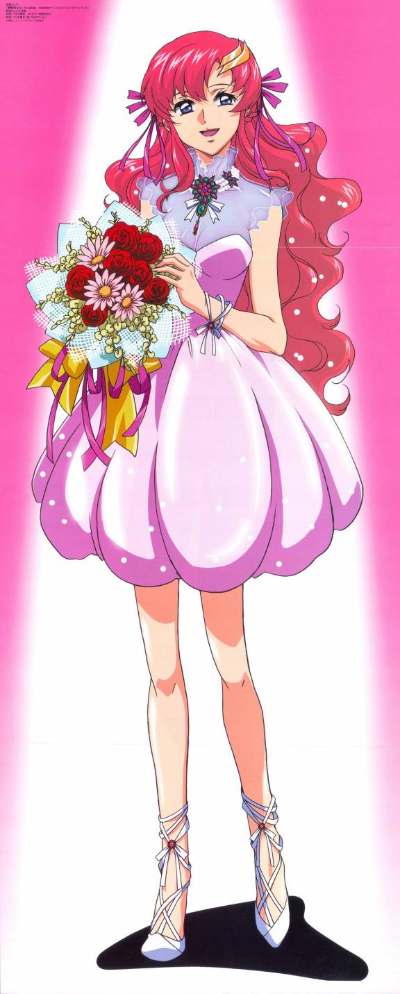 kawaguchi rie, lacus clyne, gundam, gundam seed, gundam seed destiny, megami magazine, highres, long image, official art, scan, tall image, 00s, 1girl, :d, alternate costume, blue eyes, bouquet, bow, bracelet, breasts, brooch, cleavage, crease, dress, female focus, fingernails, flower, formal clothes, full body, gradient background, hair ornament, hair ribbon, high heels, holding, jewelry, lace, long fingernails, long hair, looking at viewer, medium breasts, necklace, open mouth, parted bangs, pendant, pink hair, ribbon, rose, see-through clothes, shadow, shoes, short dress, sleeveless, smile, solo, standing, tiptoes, turtleneck, very long hair, wavy hair