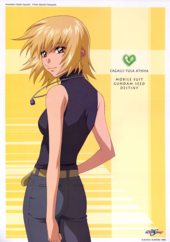 inayoshi asako, cagalli yula athha, banpresto, gundam, gundam seed, gundam seed destiny, official art, 00s, bare shoulders, blonde hair, english text, japanese text, sleeveless, sleeveless turtleneck, solo, turtleneck