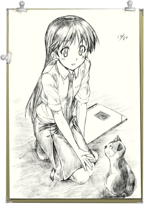 mizuki makoto, kajiwara sora, mike (sketchbook full colors), sketchbook full colors, fur, 00s, 1girl, animal, belt, collared shirt, dress shirt, female focus, full body, greyscale, kneeling, long hair, monochrome, necktie, pants, shirt, short sleeves, sketch, solo, very long hair