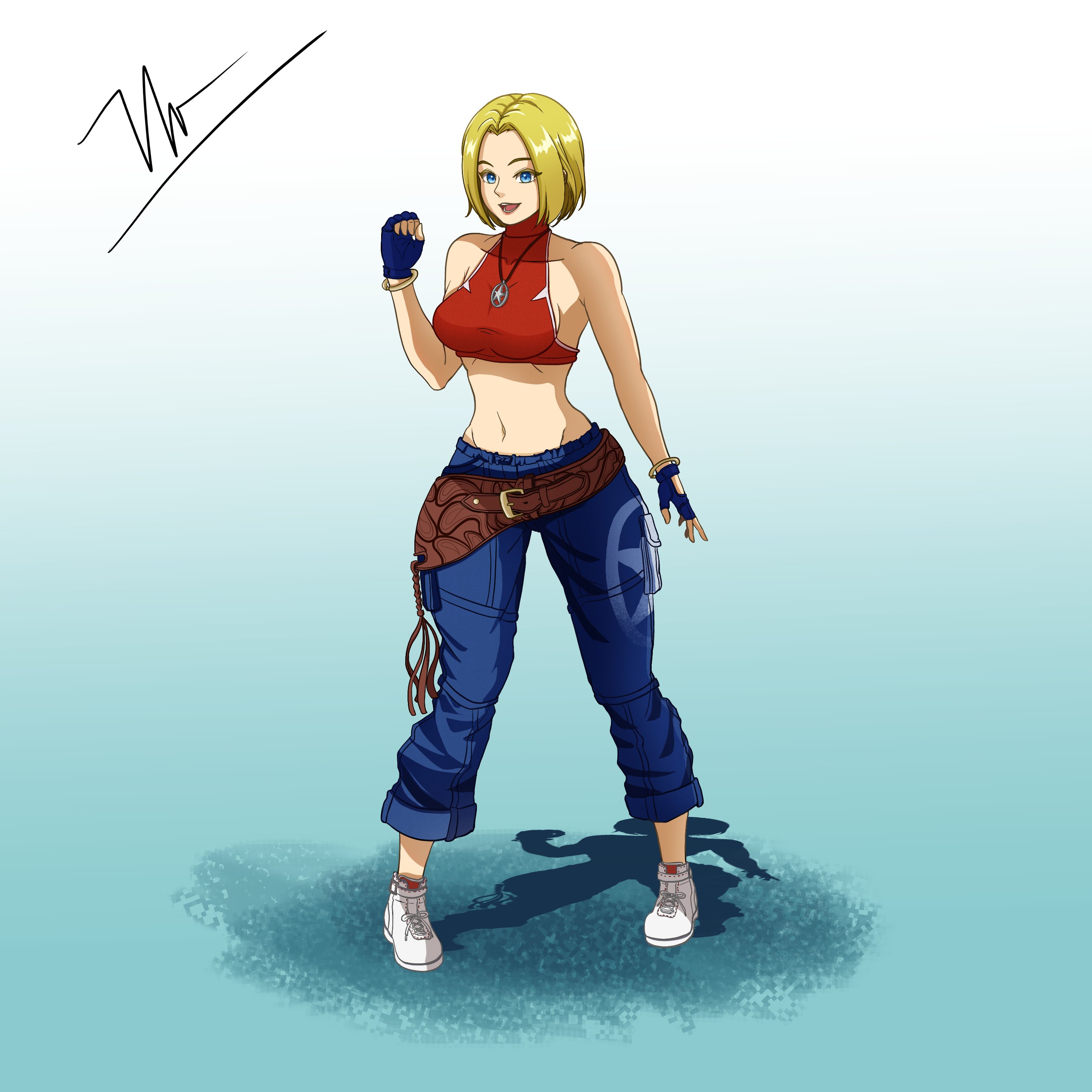 kkyraiz, blue mary, the king of fighters, 1girl, blonde hair, blue eyes, breasts, female focus, gloves, huge breasts, large breasts, open mouth, pale skin, pants, shirt, shoes, short hair, smile, smiley face, standing, tank top, thick thighs, thighs, wide hips