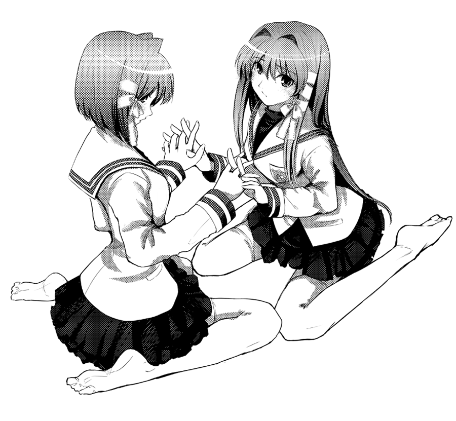 kitagawa unagi, fujibayashi kyou, fujibayashi ryou, clannad, 00s, 2girls, feet, greyscale, monochrome, multiple girls, school uniform, serafuku, siblings, sisters, skirt, thighhighs, twins