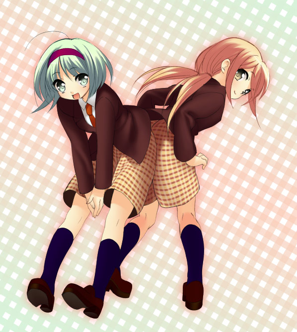 piyodera mucha, original, tagme, 2girls, ahoge, blazer, blouse, collared shirt, full body, jacket, kneehighs, multiple girls, own hands together, plaid clothes, plaid shorts, school uniform, shirt, shorts, socks, swept bangs, white shirt