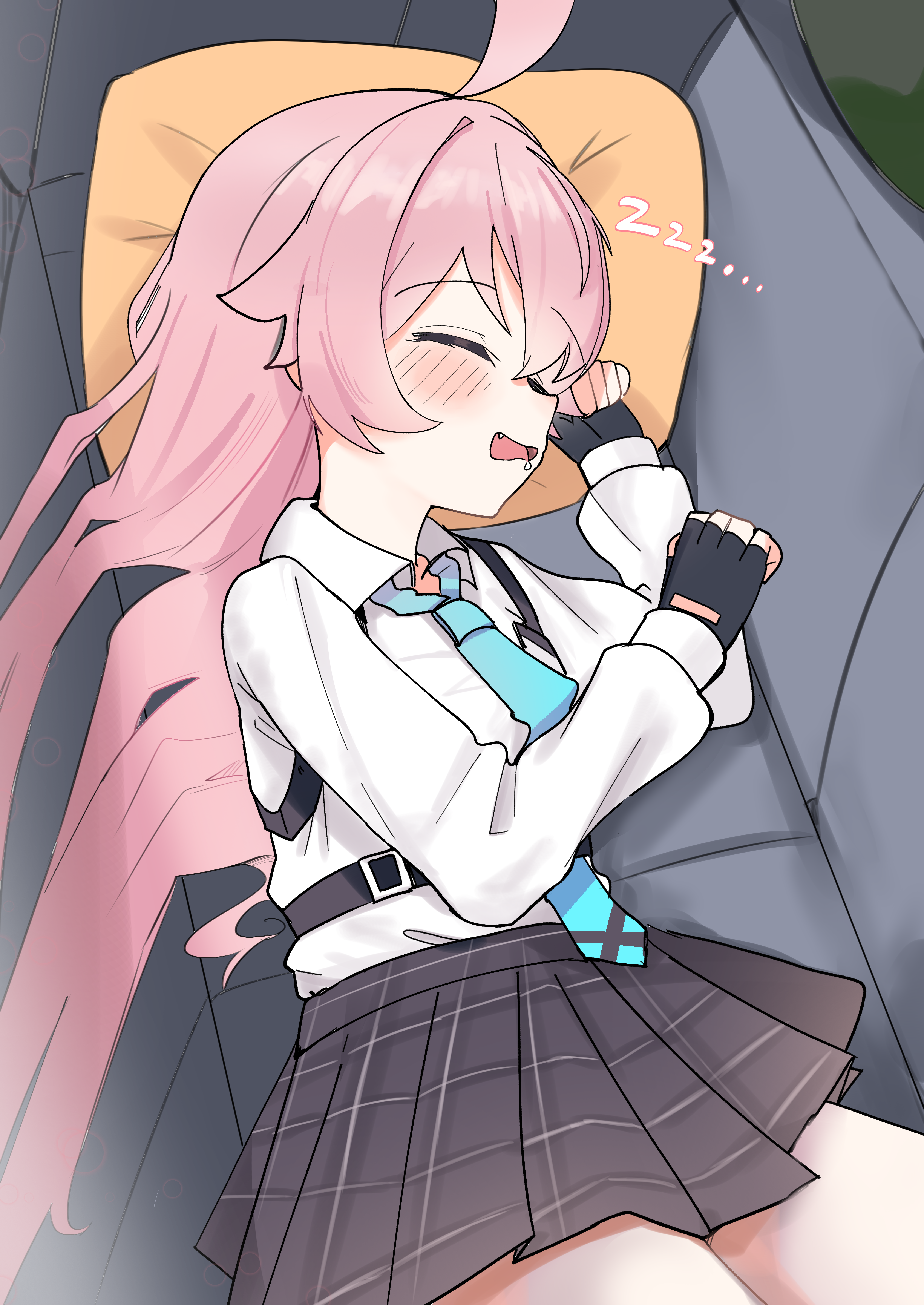 high (hgih), hoshino (blue archive), blue archive, absurdres, commentary request, highres, …, 1girl, ahoge, aqua necktie, black gloves, black skirt, blush, chest strap, collared shirt, couch, fang, fingerless gloves, gloves, hair between eyes, hair flaps, huge ahoge, id card, long hair, long sleeves, lying, necktie, on back, on couch, open mouth, pillow, pink hair, plaid clothes, plaid skirt, pleated skirt, saliva, shirt, sidelocks, skirt, sleeping, solo, very long hair, white shirt, zzz