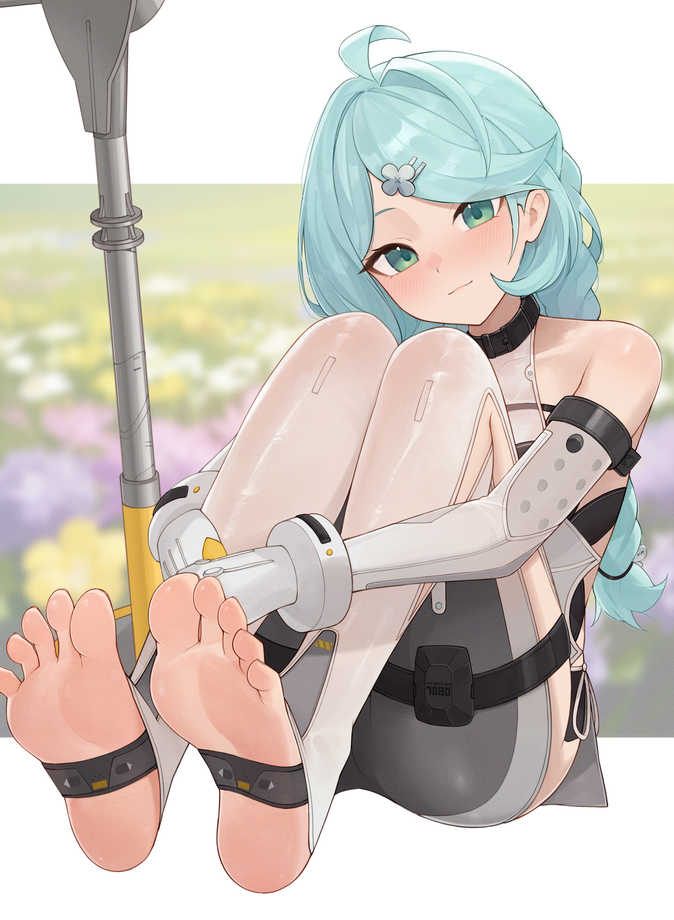 weimiaw, seed (zenless zone zero), zenless zone zero, absurdres, highres, 1girl, ahoge, aqua eyes, aqua hair, barefoot, black choker, blush, braid, choker, dress, elbow gloves, gloves, long hair, looking at viewer, pants, sitting, soles, solo, stirrup legwear, thigh strap, toeless legwear, toes, turtleneck, turtleneck dress, very long hair, white gloves