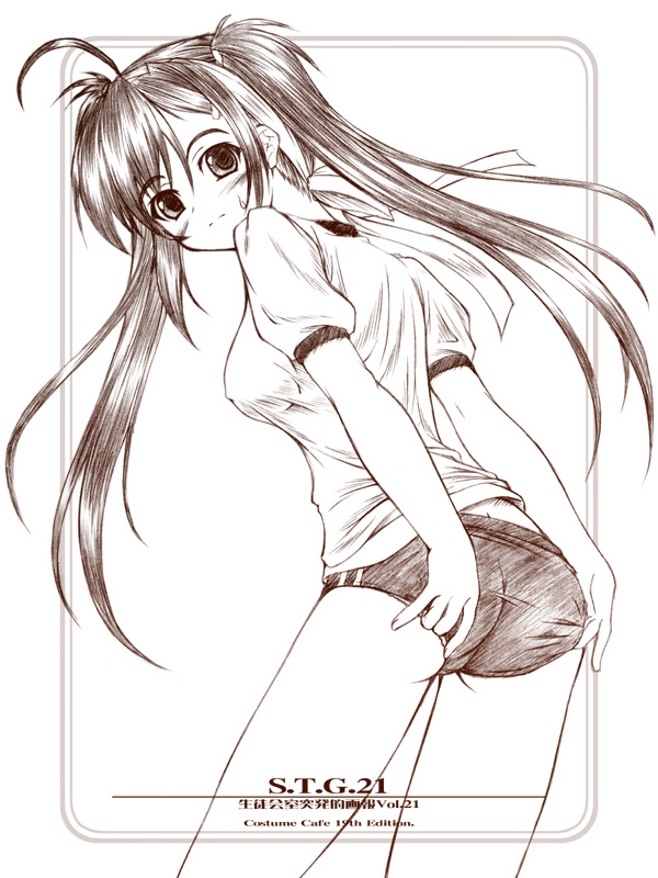 akimoto dai, original, adjusting buruma, adjusting clothes, buruma, buruma pull, clothes pull, gym uniform, hair ribbon, monochrome, ribbon, solo, twintails