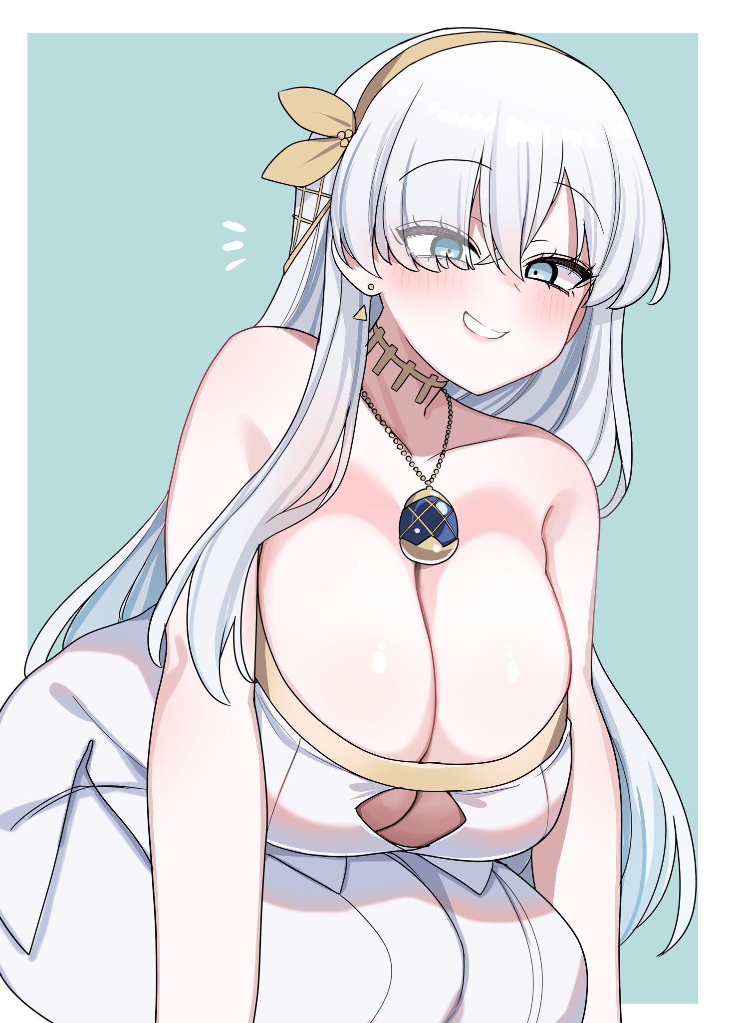 akitokage, anastasia (fate), fate/grand order, fate (series), highres, 1girl, alternate breast size (larger), bare shoulders, blue eyes, blush, breasts, brown hairband, bursting breasts, button gap, cleavage, collarbone, dress, grey hair, hair over one eye, hairband, huge breasts, long hair, looking at viewer, open mouth, royal robe, smile, solo, very long hair, white dress, white hair