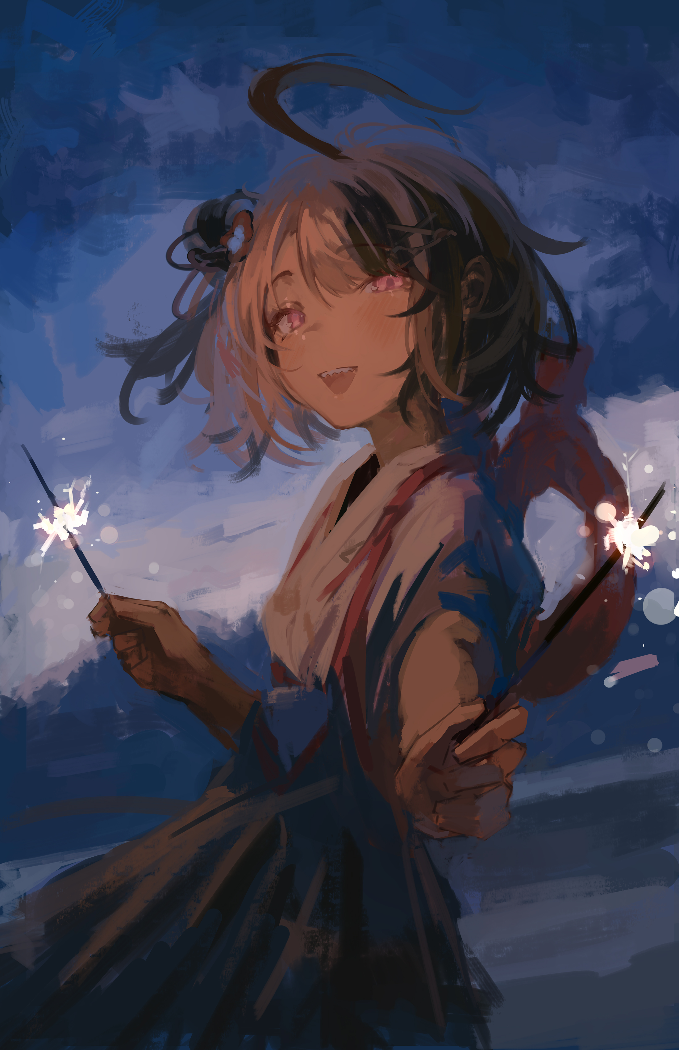 naokomama, gigi murin, gigi murin (new year), hololive, hololive english, absurdres, commentary, english commentary, highres, 1girl, ahoge, brown hair, fireworks, floral print, hair ornament, holding, holding fireworks, japanese clothes, kimono, looking at viewer, multicolored hair, night, official alternate costume, official alternate hairstyle, open mouth, outdoors, pink eyes, print kimono, short hair, sky, smile, solo, sparkler, two-tone hair, virtual youtuber, white kimono