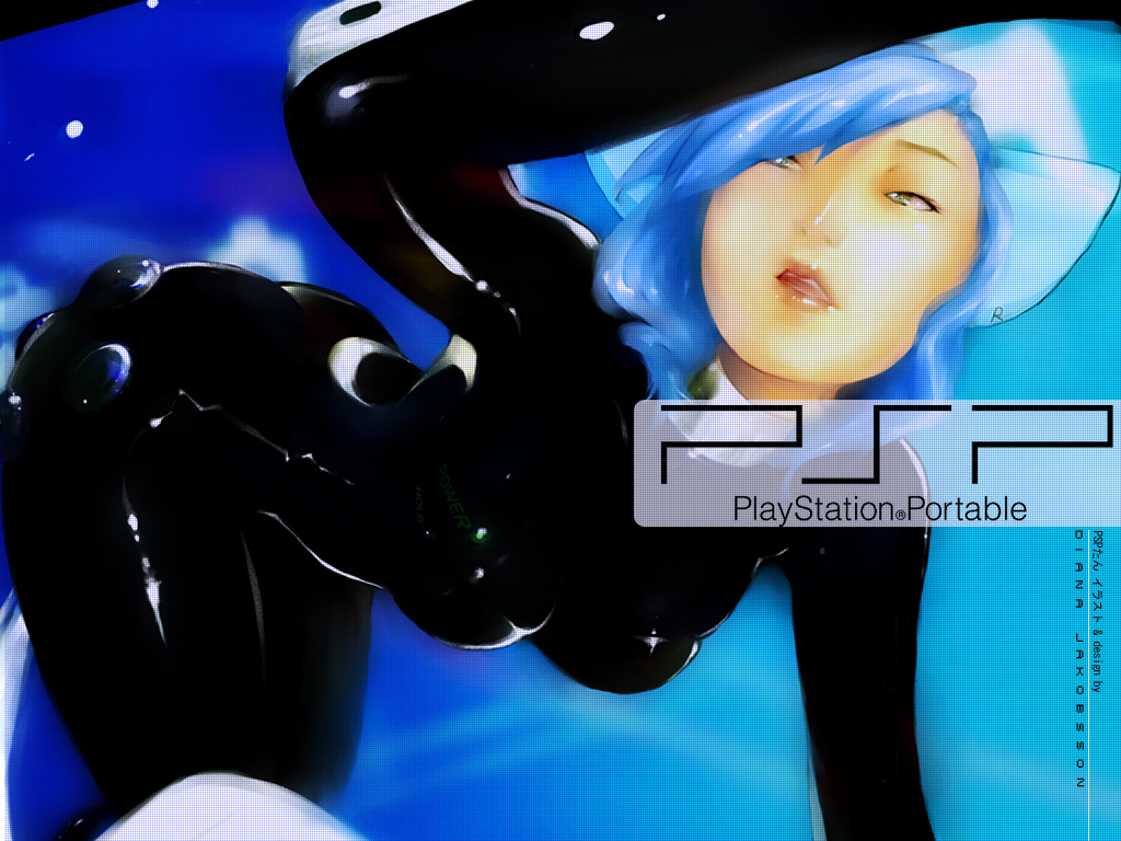 diana jakobsson, studiostrawberri, original, sony, 1girl, blue hair, bodysuit, female focus, handheld game console, latex, latex suit, personification, playstation portable, product girl, shiny clothes, solo