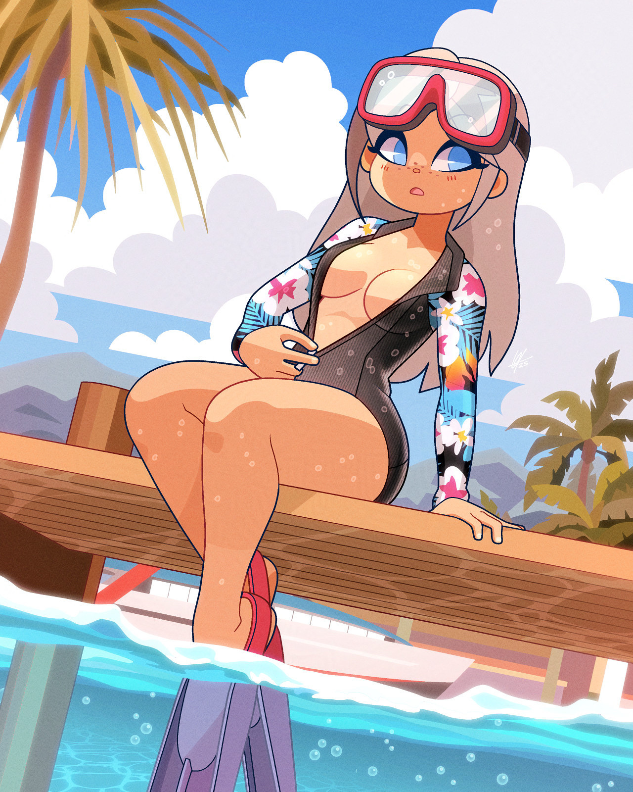 louis lloyd-judson, liliana canistrelli, original, highres, 1girl, air bubble, arm support, blue eyes, bodysuit, breasts, bubble, caustics, cloud, diving suit, flippers, floral print, goggles, goggles on head, large breasts, long hair, mountain, no pupils, open mouth, outdoors, palm tree, sideways glance, sitting, solo, tan, tanline, thick thighs, thighs, tree, unzipped, water, wetsuit