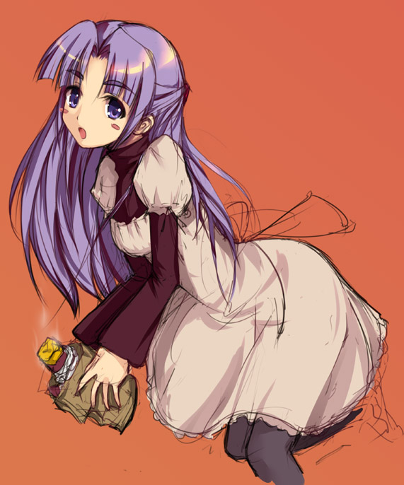 waku, asakura ryoko, suzumiya haruhi no yuuutsu, 00s, 1girl, :o, black pantyhose, female focus, half updo, holding, juliet sleeves, leaning to the side, long hair, long sleeves, looking at viewer, open mouth, orange background, pantyhose, puffy sleeves, purple eyes, purple hair, simple background, sitting, solo, steam, very long hair