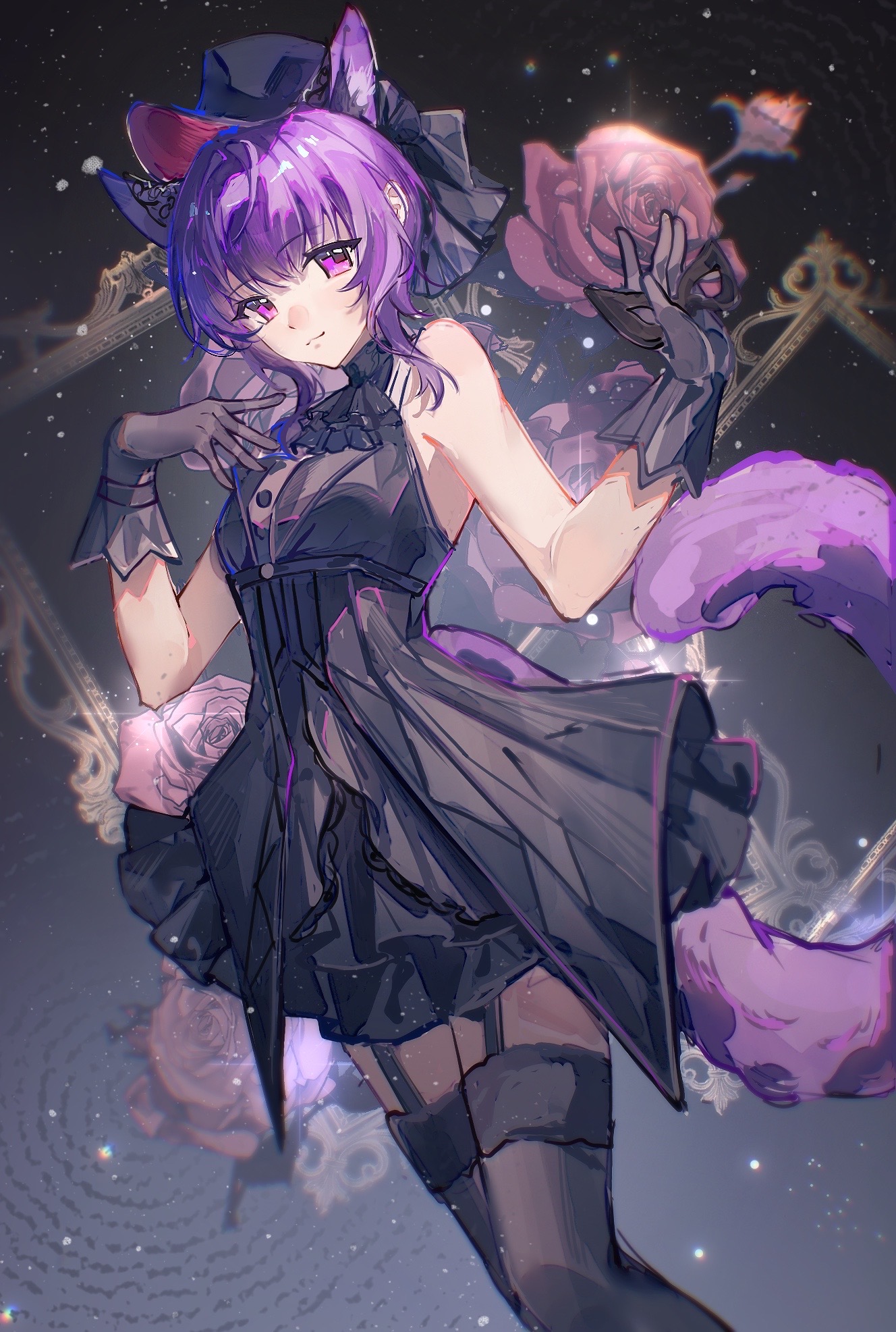 yuutenji nyamu, arknights, bang dream!, bang dream! it's mygo!!!!!, chinese commentary, commentary request, highres, 1girl, animal ears, ascot, bare shoulders, black ascot, black background, black dress, black gloves, black hat, black thighhighs, cat ears, cat girl, cat tail, closed mouth, dress, feet out of frame, flower, gloves, hands up, hat, holding, holding mask, kemonomimi mode, light particles, looking at viewer, lu yan yan, mask, picture frame, purple eyes, purple hair, red flower, red rose, rose, short hair, sleeveless, sleeveless dress, solo, standing, tail, thighhighs, yuutenji nyamu (magician of passion)