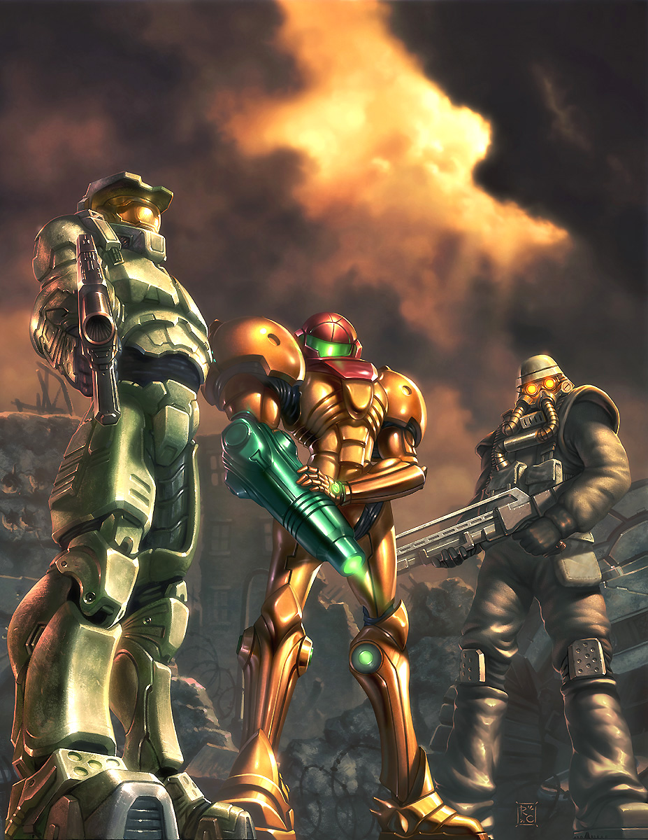 udon entertainment, helghast, master chief, samus aran, halo (game), killzone, metroid, nintendo, playstation, xbox, highres, aiming at viewer, armor, at gunpoint, cloud, crossover, gun, helmet, looking up, m7, power suit, science fiction, sta52, submachine gun, udon, varia suit, weapon