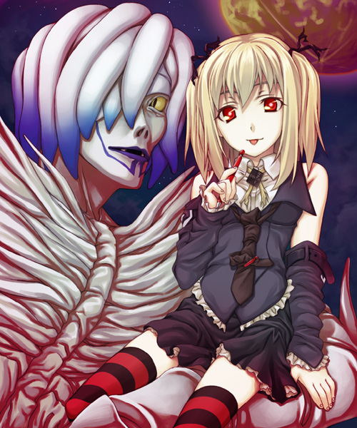 nanaran, amane misa, rem (death note), death note, striped legwear, 00s, 2girls, :p, blonde hair, detached sleeves, goth fashion, gothic lolita, lolita fashion, multiple girls, necktie, red eyes, shinigami, sitting, skirt, sleeveless, smile, striped clothes, striped thighhighs, thighhighs, tongue, tongue out, twintails, two side up
