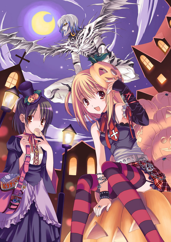 amane misa, rem, yagami sayu, death note, striped legwear, 00s, 3girls, armband, asymmetrical clothes, bag, belt, black hair, blonde hair, blush, chain, choker, cross, dress, elbow gloves, food, food-themed hair ornament, frills, garter belt, gloves, gothic lolita, greek cross, hair ornament, halloween, hat, jack-o'-lantern, jewelry, latin cross, lolita fashion, mask, moon, multiple girls, night, orange eyes, plaid clothes, plaid skirt, pumpkin, pumpkin hair ornament, ribbon, ring, shinigami, short hair, single elbow glove, single glove, sitting, skirt, star (symbol), striped clothes, striped thighhighs, thighhighs