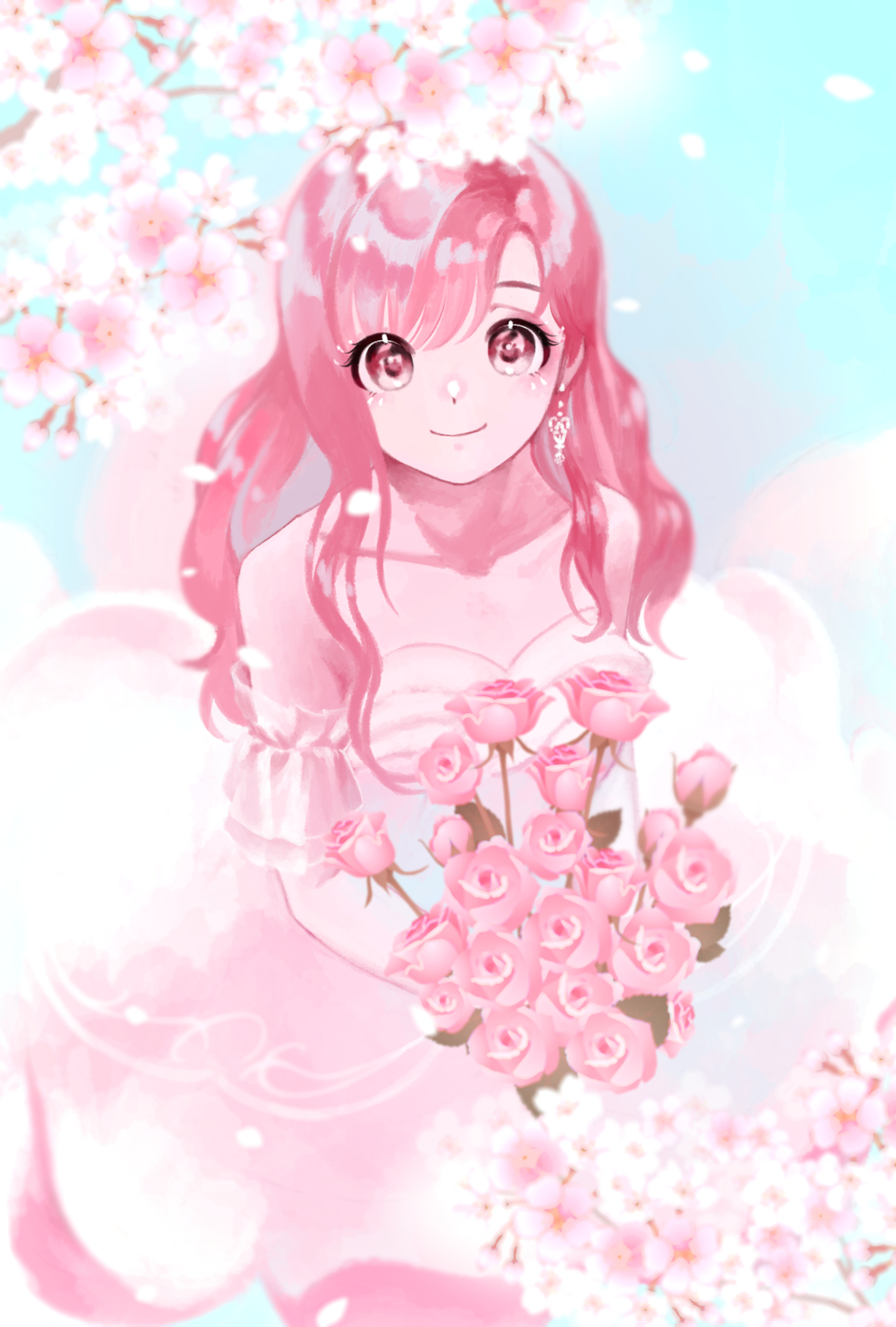 1 hcs, nikki (nikki), nikki (series), shining nikki, highres, 1girl, bare shoulders, blossoming impression (shining nikki), blue sky, bouquet, brown eyes, cherry blossoms, closed mouth, collarbone, detached sleeves, dot nose, dress, earrings, eyelash ornament, eyelashes, eyeshadow, flower, flower dress, frilled sleeves, frills, from above, full body, gloves, gown, happy, heart, heart earrings, holding, holding bouquet, jewelry, long hair, long sidelocks, makeup, one-hour drawing challenge, petals, pink dress, pink eyeshadow, pink flower, pink hair, pink rose, pink sleeves, rose, short sleeves, sidelocks, sky, smile, solo, standing, strapless, strapless dress, tareme, wavy hair, white gloves