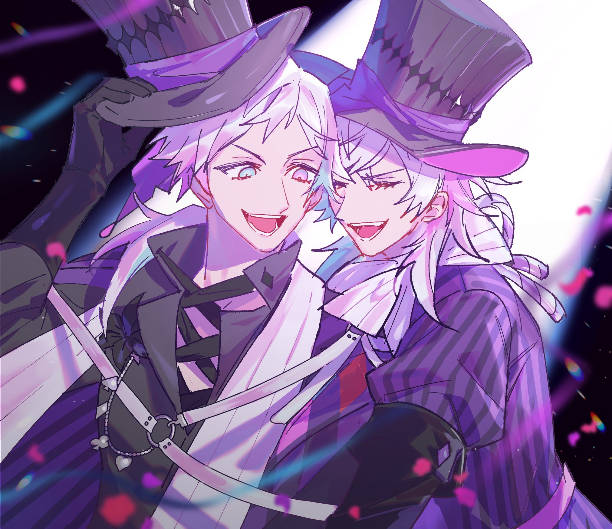 lynnear, bettel 2 (gavis bettel), gavis bettel, holostars, holostars english, highres, 2boys, black gloves, black hat, black shirt, blue eyes, brothers, closed eyes, gloves, grey hair, hat, heterochromia, multiple boys, open mouth, pink eyes, purple shirt, shirt, short hair, siblings, striped clothes, striped shirt, top hat, twins, upper body, virtual youtuber