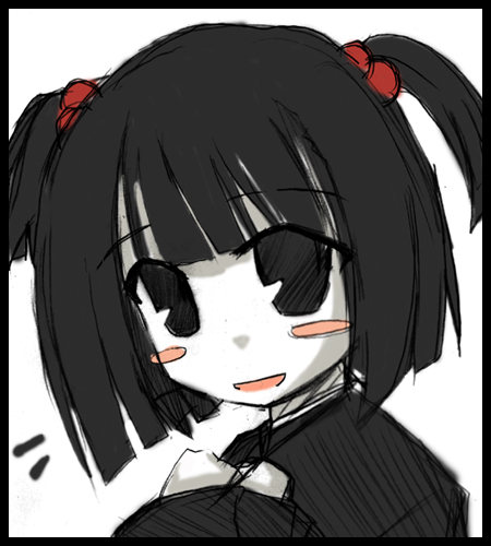 shikine, taeko, taeko (pani poni dash!), yakubyougami, pani poni dash!, lowres, 00s, 1girl, :d, blunt bangs, female focus, hair bobbles, hair ornament, looking at viewer, open mouth, pale skin, short hair, simple background, smile, snow clover, solo, sweater, twintails, upper body, white background