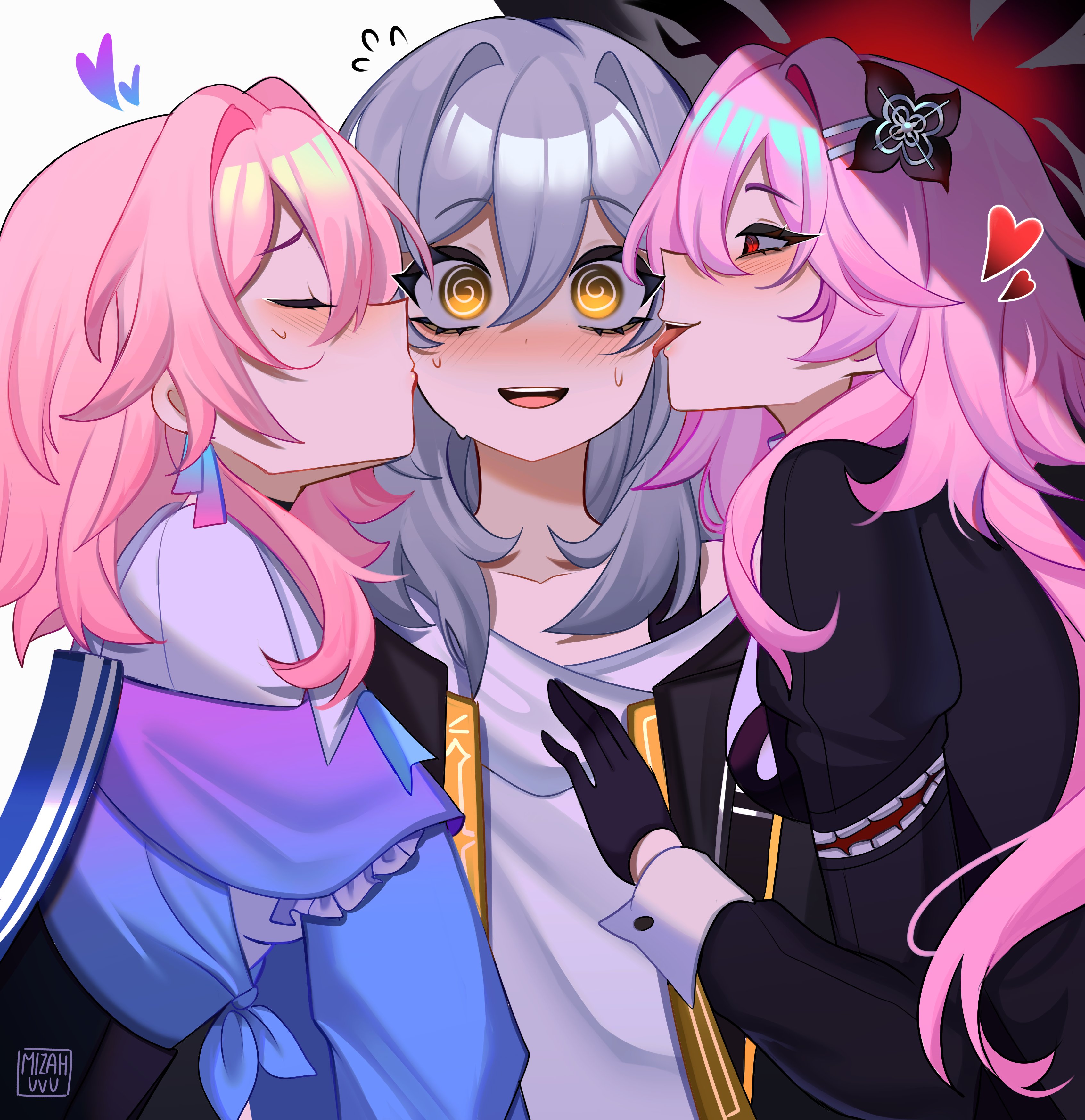mizah (mizah), evernight (honkai: star rail), march 7th (honkai: star rail), march 7th (preservation) (honkai: star rail), stelle (honkai: star rail), trailblazer (honkai: star rail), honkai: star rail, honkai (series), absurdres, highres, 3girls, grey hair, kiss, kissing cheek, licking, licking another's cheek, licking another's face, long hair, multiple girls, pink hair, red eyes, short hair, simple background, white background, yellow eyes, yuri