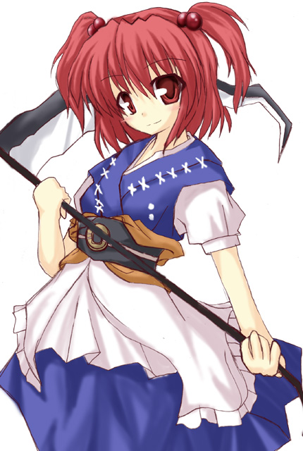 shikine, onozuka komachi, touhou, 1girl, female focus, scythe, simple background, snow clover, solo, split mouth, standing, weapon, white background