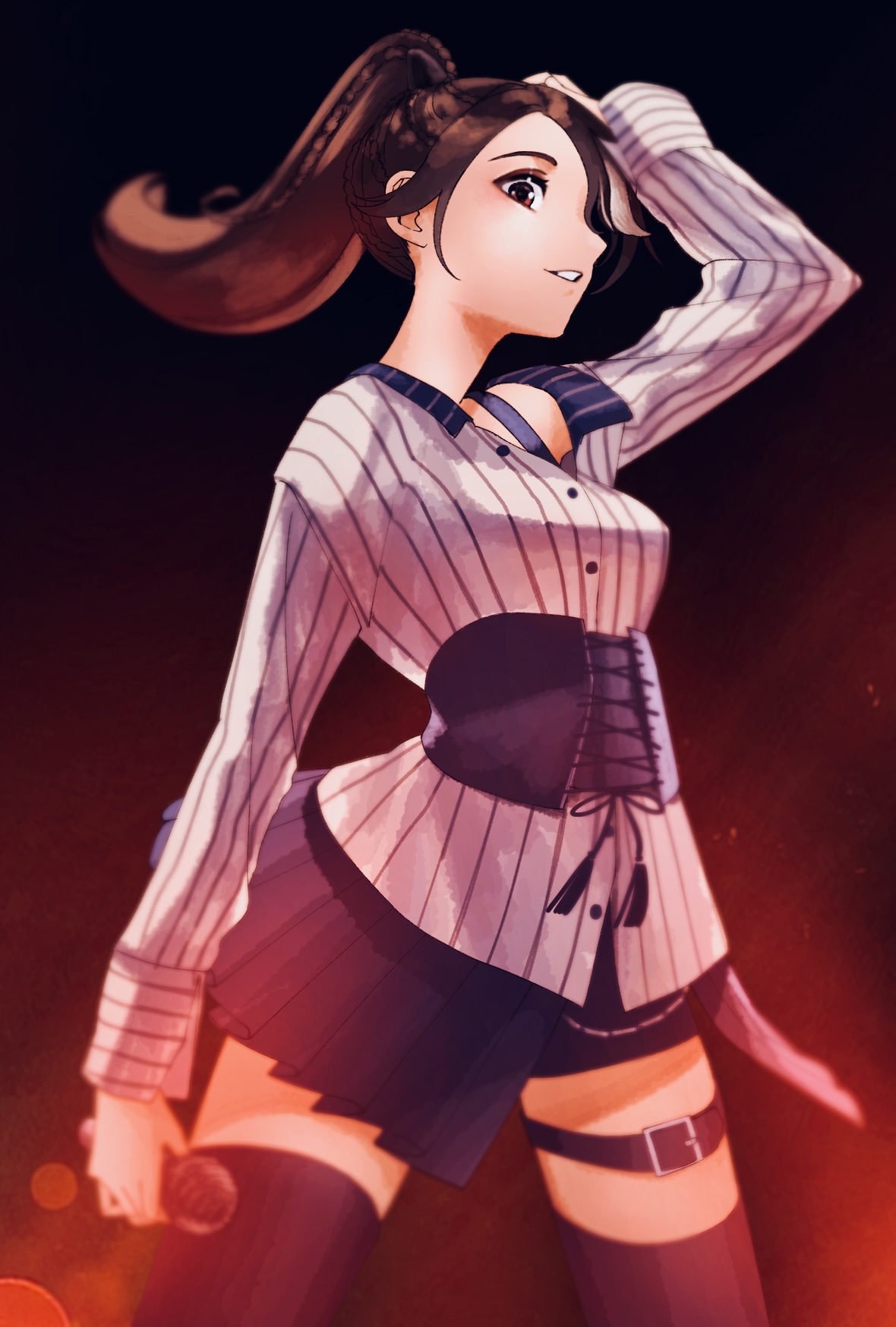 1 hcs, nikki (series), shining nikki, highres, 1girl, asymmetrical skirt, belt, belt buckle, black background, black belt, black thighhighs, blue corset, blue skirt, bra strap, braid, breasts, brown eyes, brown hair, buckle, buttons, corset, cowboy shot, gradient background, hair over one eye, hand on own head, holding, holding microphone, legs apart, light particles, long hair, long sleeves, medium breasts, microphone, miniskirt, one-hour drawing challenge, parted lips, pinstripe pattern, pinstripe shirt, pleated skirt, ponytail, red background, shirt, single braid, skirt, sleeve cuffs, smile, solo, standing, stylist (nikki), teeth, thigh belt, thigh strap, thighhighs, two-tone background, white shirt