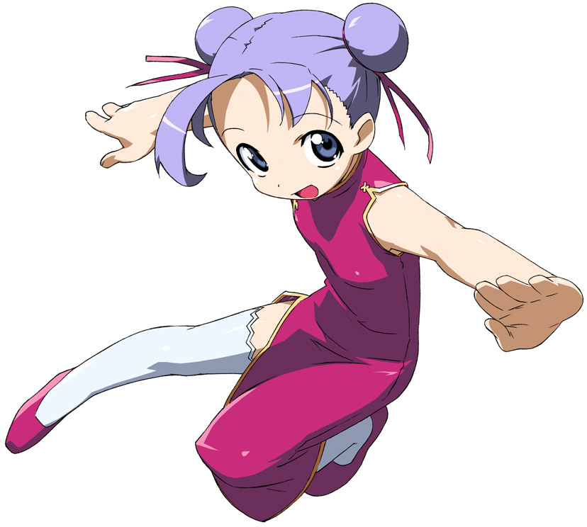 kanzaki hiro, original, 1girl, blue eyes, china dress, chinese clothes, double bun, dress, female focus, fighting stance, foreshortening, full body, hair bun, kung fu, open mouth, purple hair, simple background, smile, solo, thighhighs, white background, white thighhighs