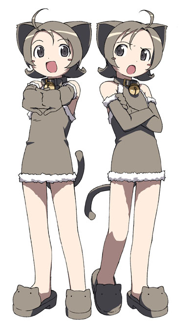 kanzaki hiro, original, 2girls, animal ears, animal slippers, bell, cat ears, cat slippers, cat tail, collar, jingle bell, multiple girls, neck bell, siblings, sisters, tail, twins