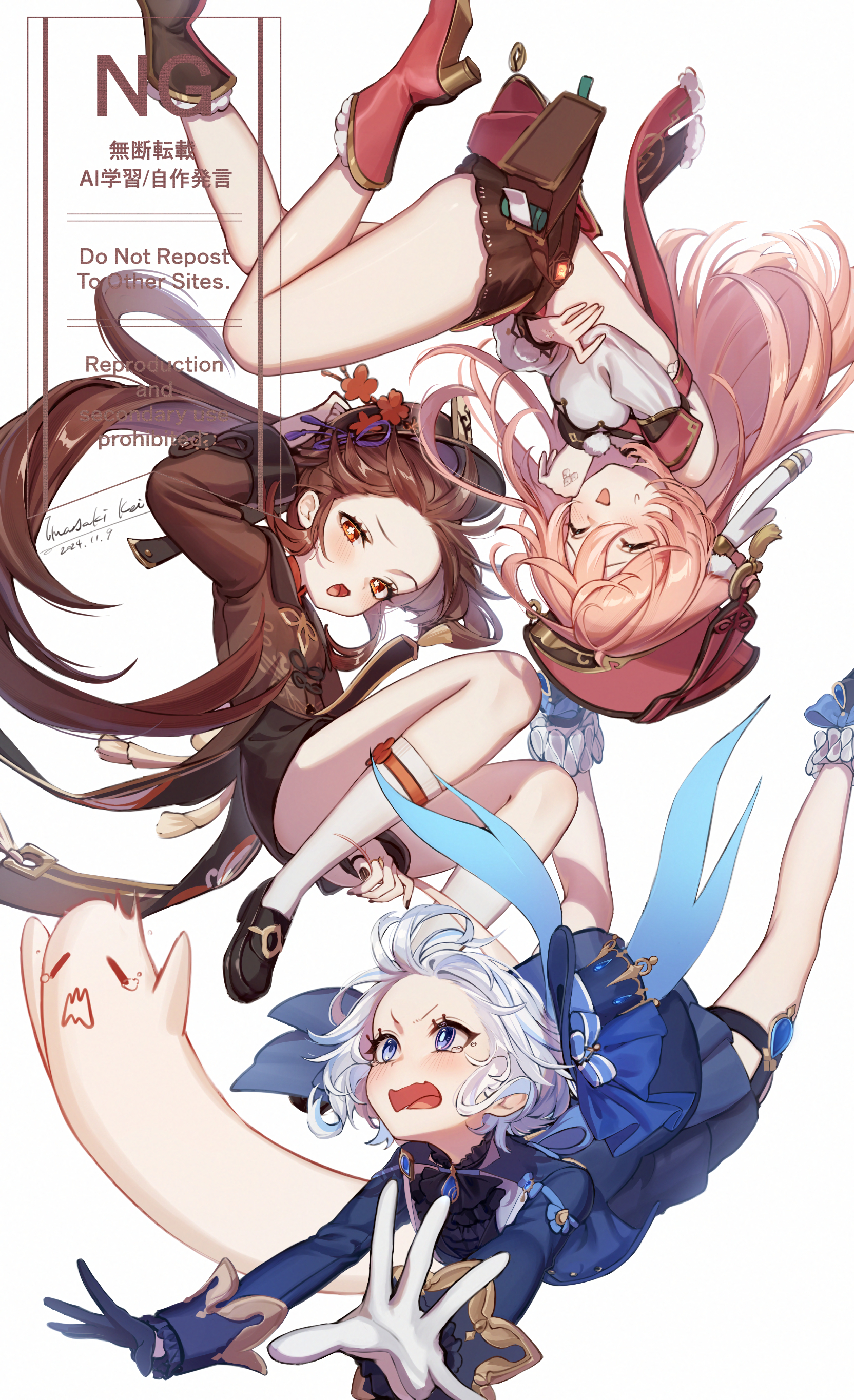 imasaki kei, boo tao (genshin impact), furina (genshin impact), hu tao (genshin impact), yanfei (genshin impact), genshin impact, absurdres, highres, revision, 3girls, antlers, bare legs, black gloves, black hat, black shirt, black shorts, blue eyes, blue gemstone, blue hat, blue jacket, blush, boots, brown hair, closed eyes, deer antlers, detached sleeves, flower, flower-shaped pupils, gem, gloves, half-closed eyes, hat, heterochromia, horns, jacket, long hair, midriff, multiple girls, open mouth, pink hair, red boots, red eyes, red flower, red hat, shirt, short hair, shorts, simple background, socks, symbol-shaped pupils, thigh strap, white background, white gloves, white hair, white socks