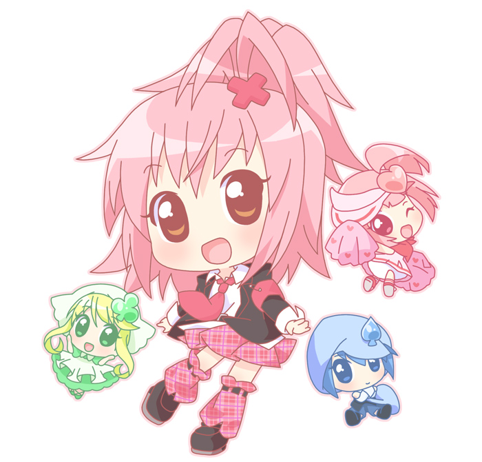 mirai (sugar), hinamori amu, miki (shugo chara!), ran (shugo chara!), suu (shugo chara!), shugo chara!, plaid legwear, 4girls, chibi, cross hair ornament, hair ornament, multiple girls, pink hair, plaid clothes, plaid skirt, skirt
