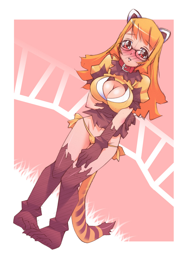 yuumi kazuaki, 1girl, animal ears, blush, breasts, collar, female focus, glasses, large breasts, panties, solo, thighhighs, underwear